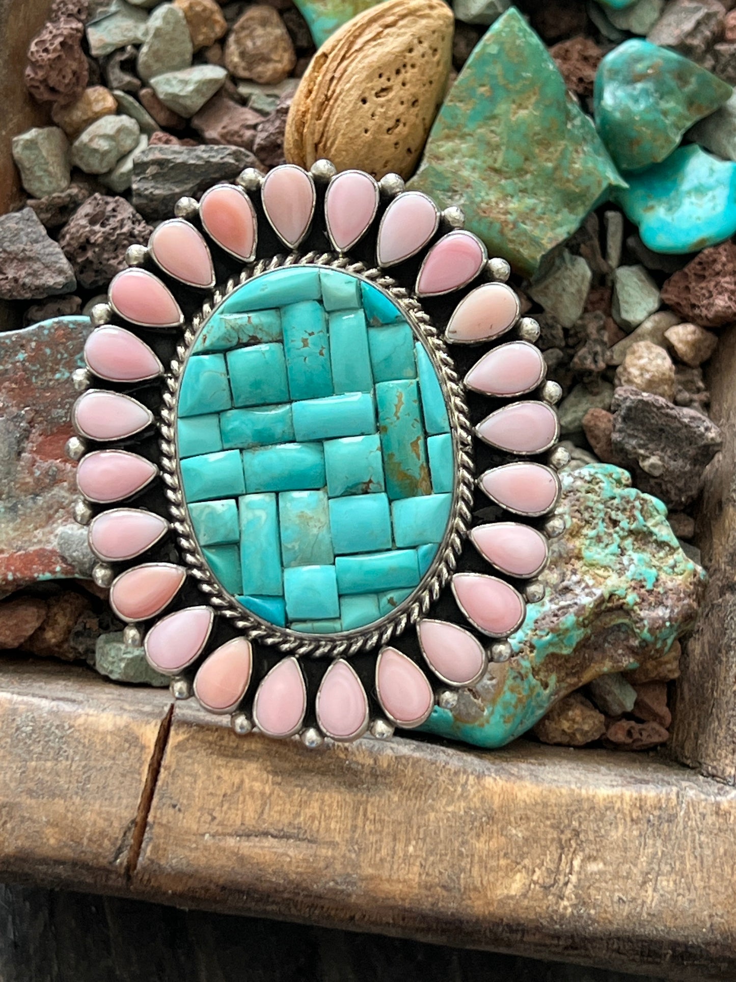 Navajo Cobblestone Kingman Turquoise and Pink Conch Cluster Ring by Aaron Tallis, Adjustable