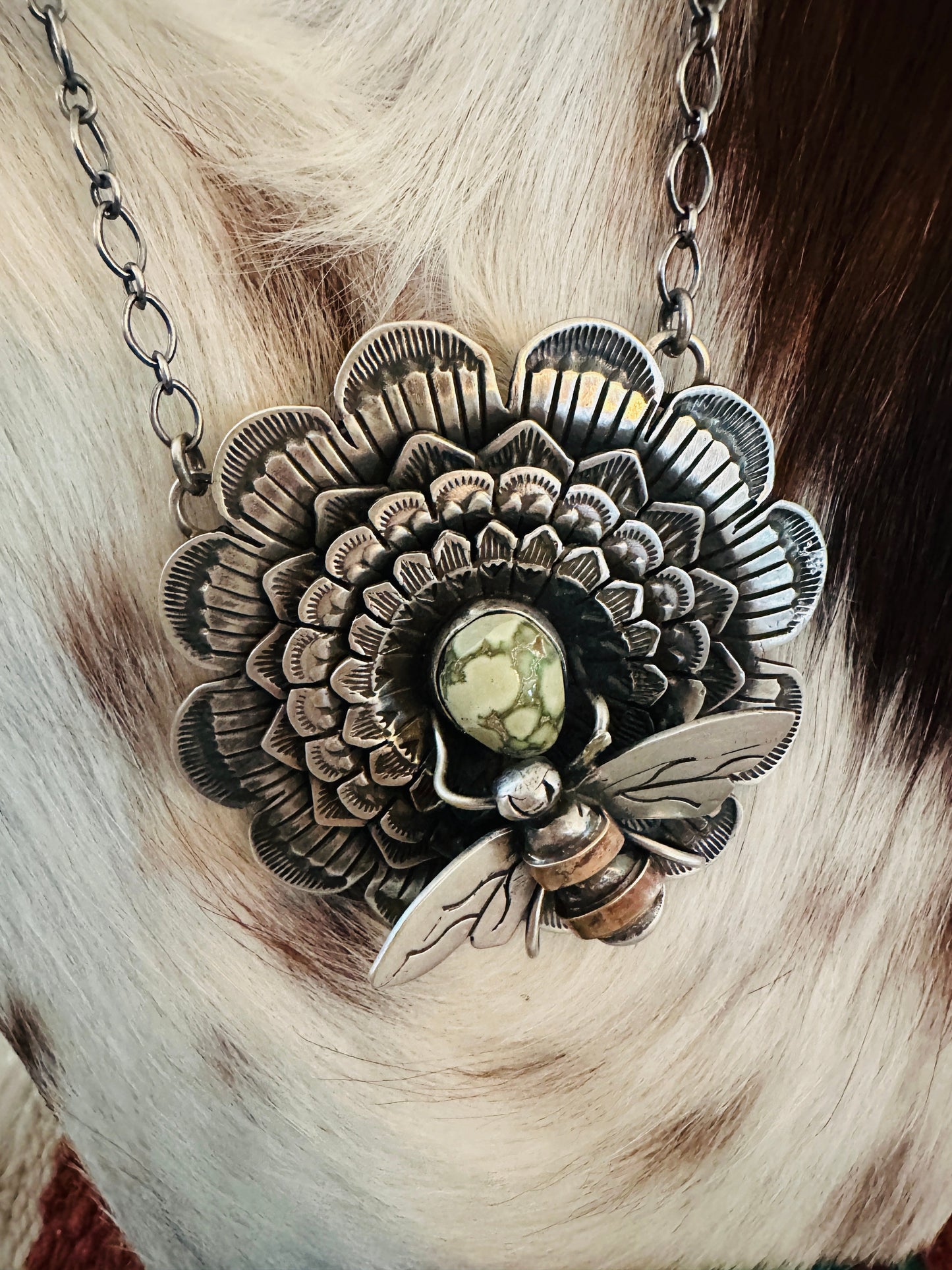 Navajo Sterling Silver and Turquoise Sunflower Necklace with Bee by Russell Sam