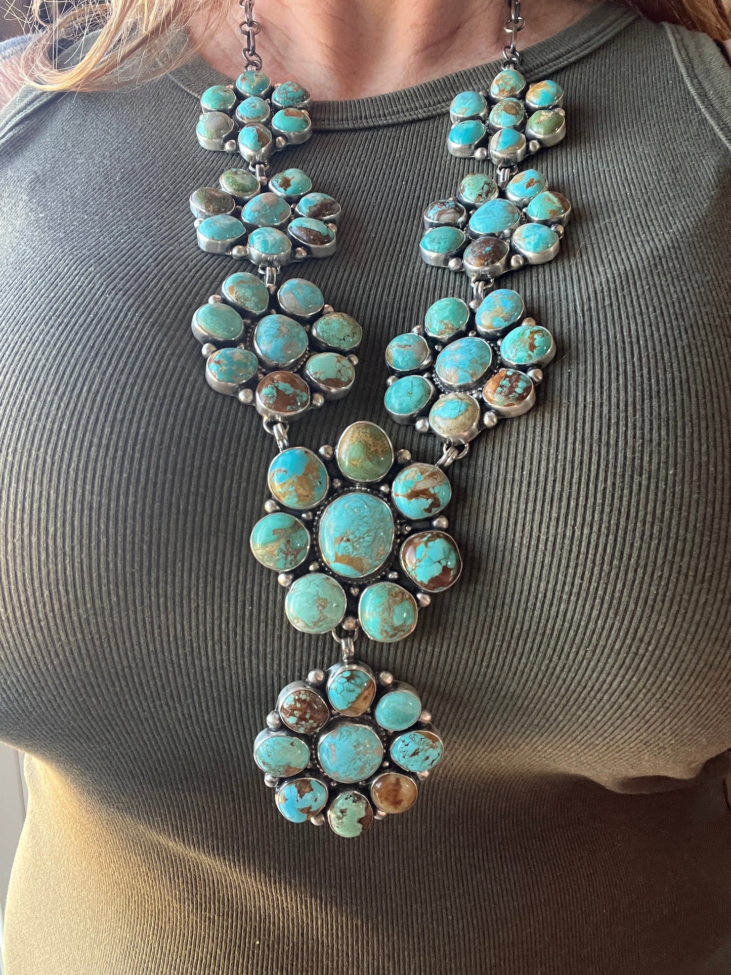 Navajo Big Mama Sterling Silver and Royston Turquoise Cluster Necklace with Matching Earrings by Sheila Becenti