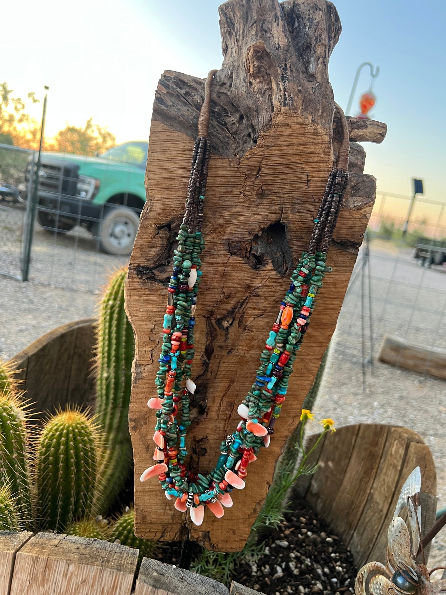 Gorgeous Navajo Made Six Strand Turquoise and Spiny Oyster Beaded Squaw Wrap Necklace, Green