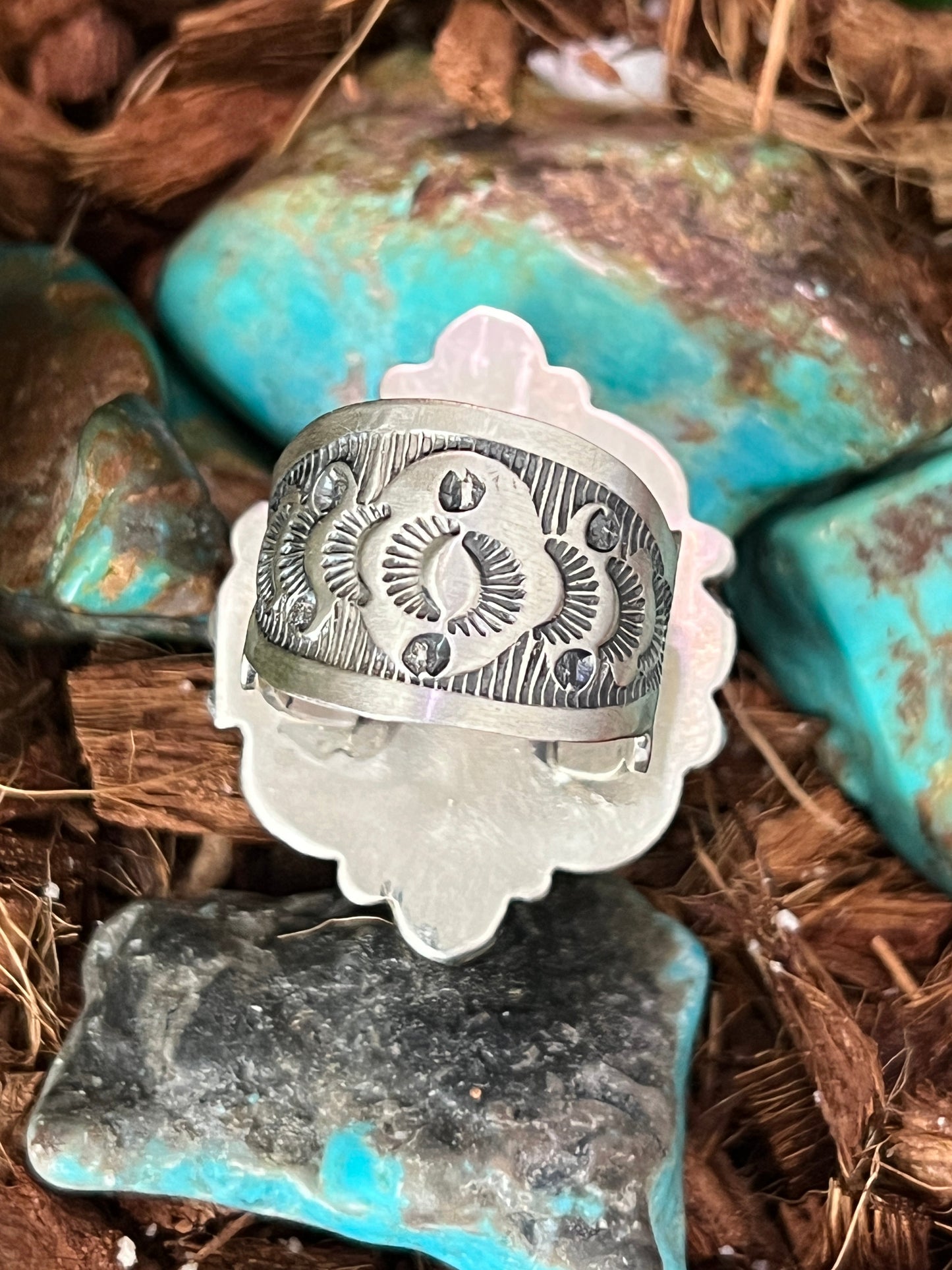 Navajo Sterling Silver and Natural Kingman Web Ring by Boyd Ashley, Size 8