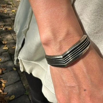 Vintage Navajo Made Sterling Silver V Shape Cuff Bracelet, signed by Tom Hawk