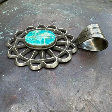 Navajo Made Sterling Silver and Turquoise Flower Pendant by Robert Chee