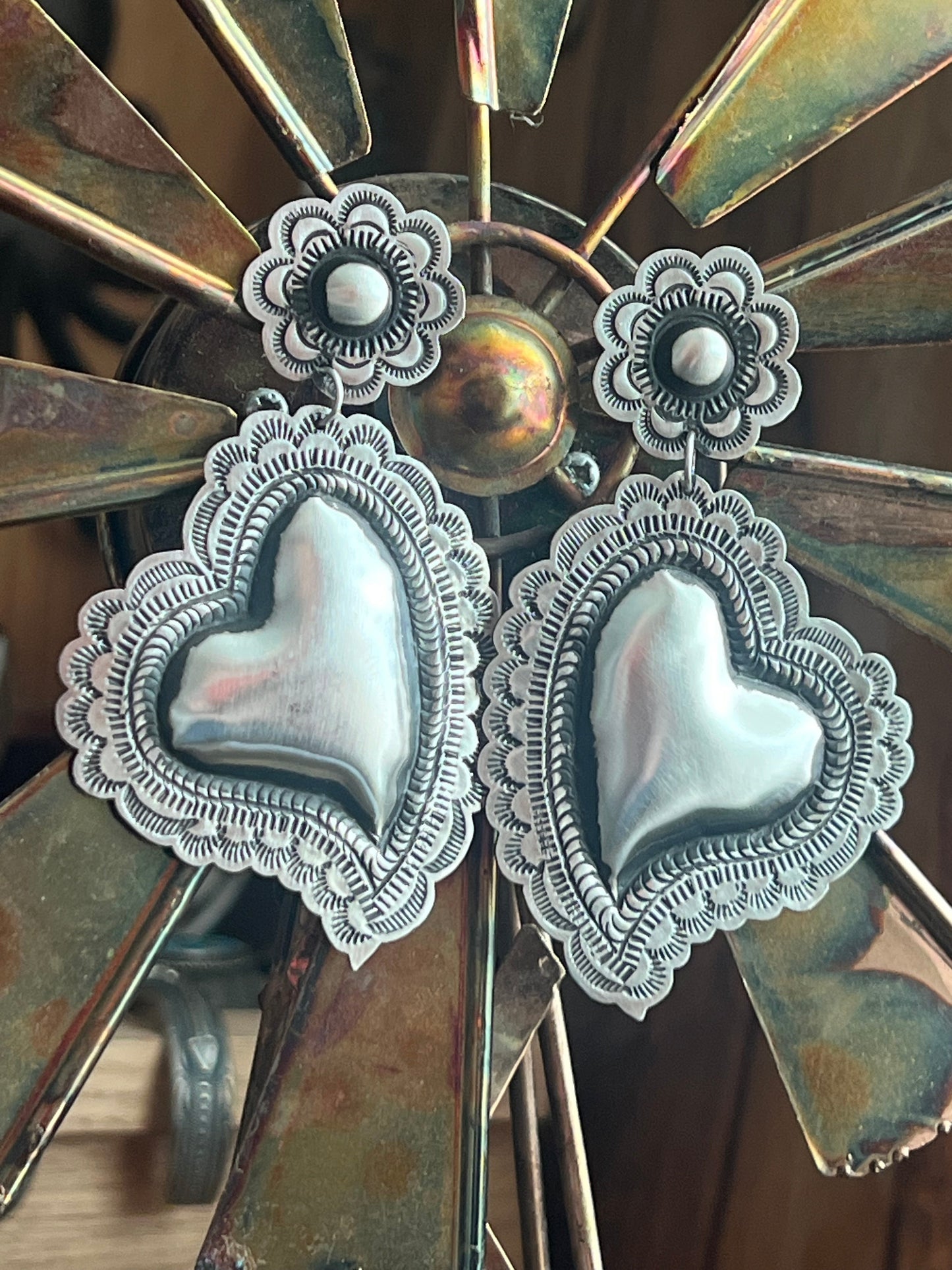 Handmade Navajo Sterling Silver Stamped Repousse Heart Earrings by Leander Tahe, AH2