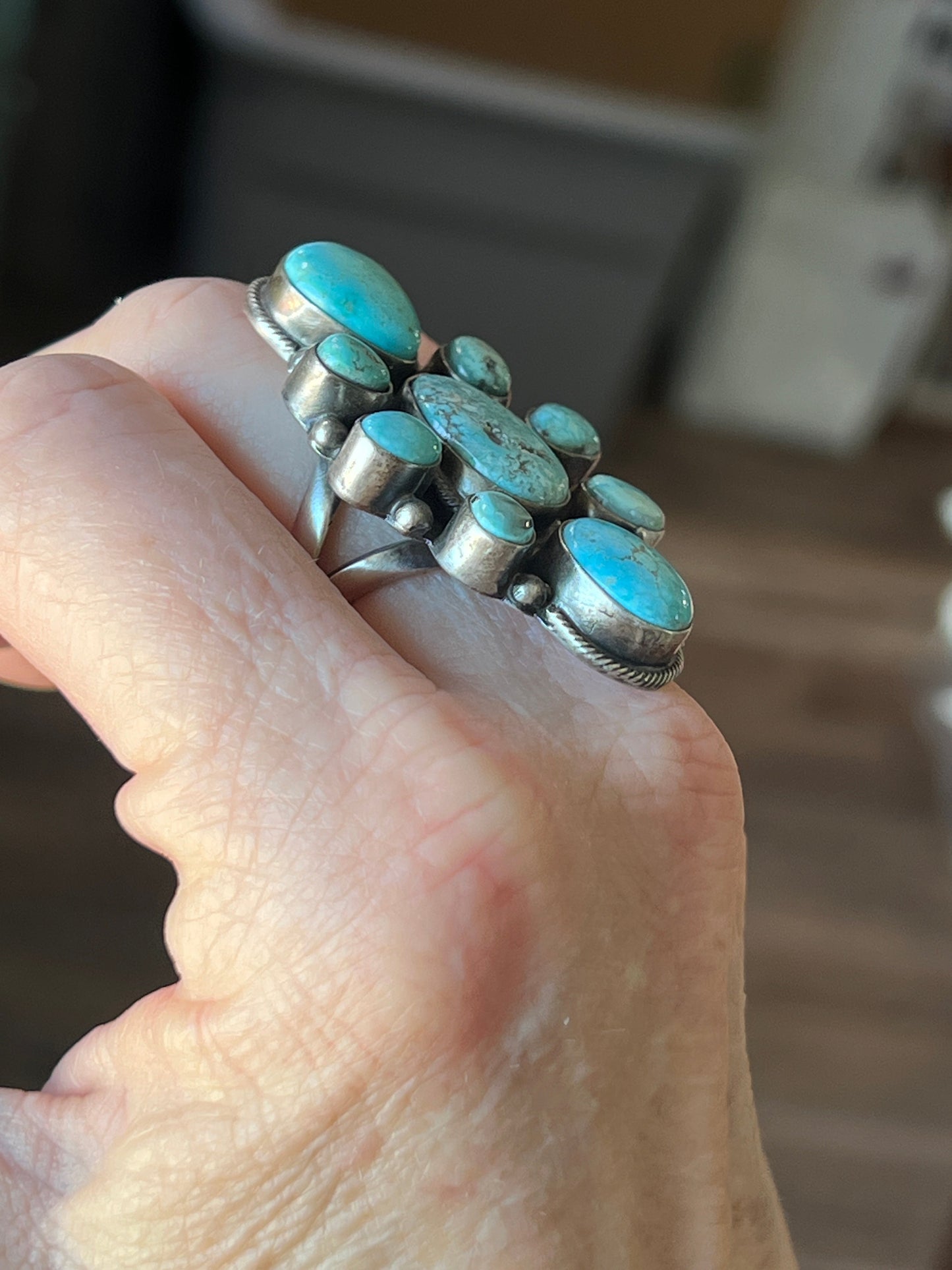 Navajo Sterling Silver and Natural Campitos Turquoise Cluster Ring by Sheila Becenti, Size 8.75