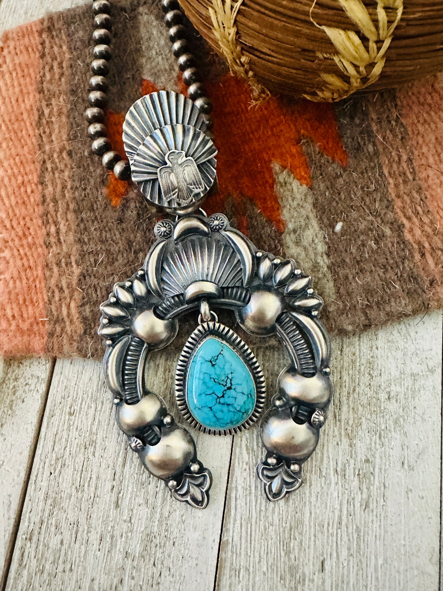 Navajo Sterling Silver & Turquoise Naja Pendant by Delbert Gordon