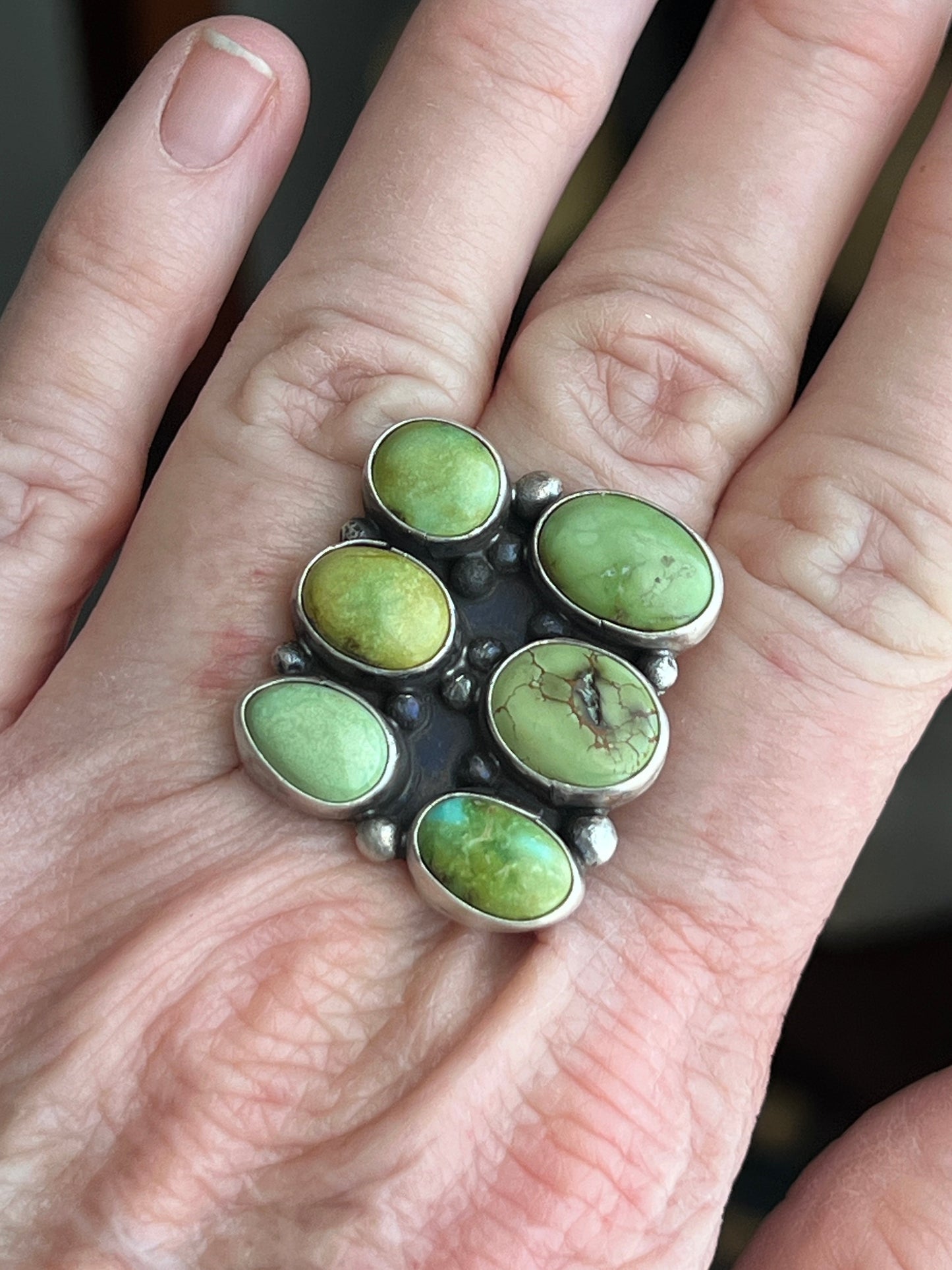 Navajo Sterling Silver and Sonoran Gold Turquoise Cluster Rings by Travis Jim, Size 8