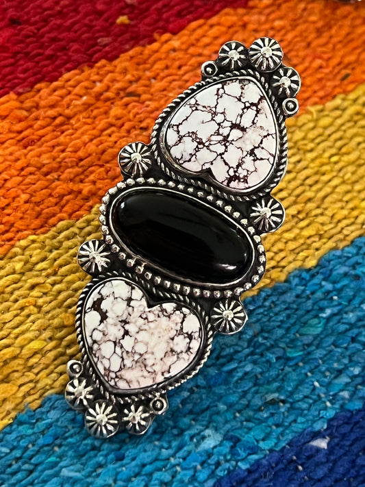 Rosella Paxson Triple Stone Sterling ring with Wild Horse Magnesite Hearts and Oval Onyx, Sz 8.5