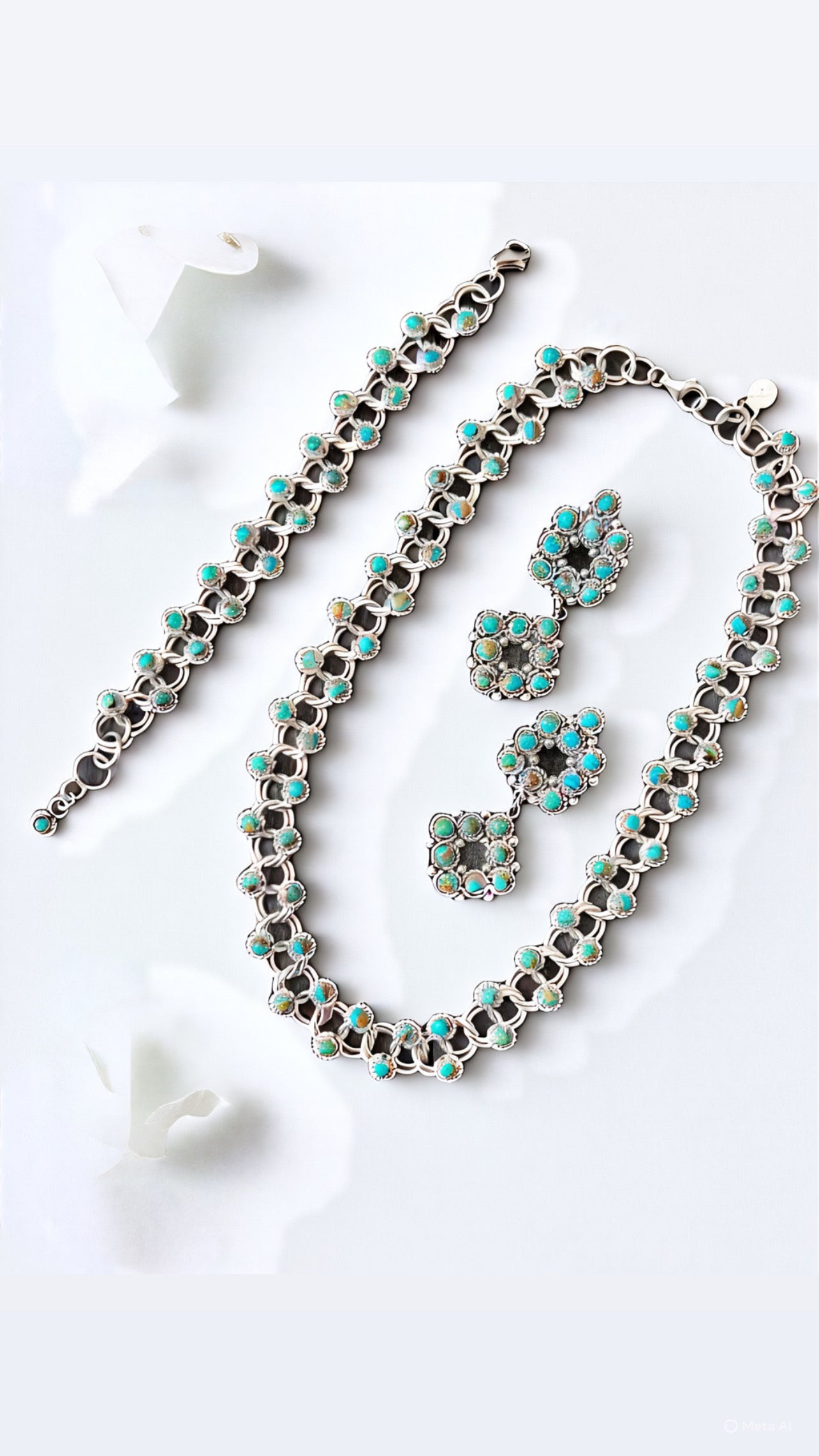 Zuni Sterling and Snake Eye Turquoise Link Necklace, Bracelet & Earrings by Dillon Cheama