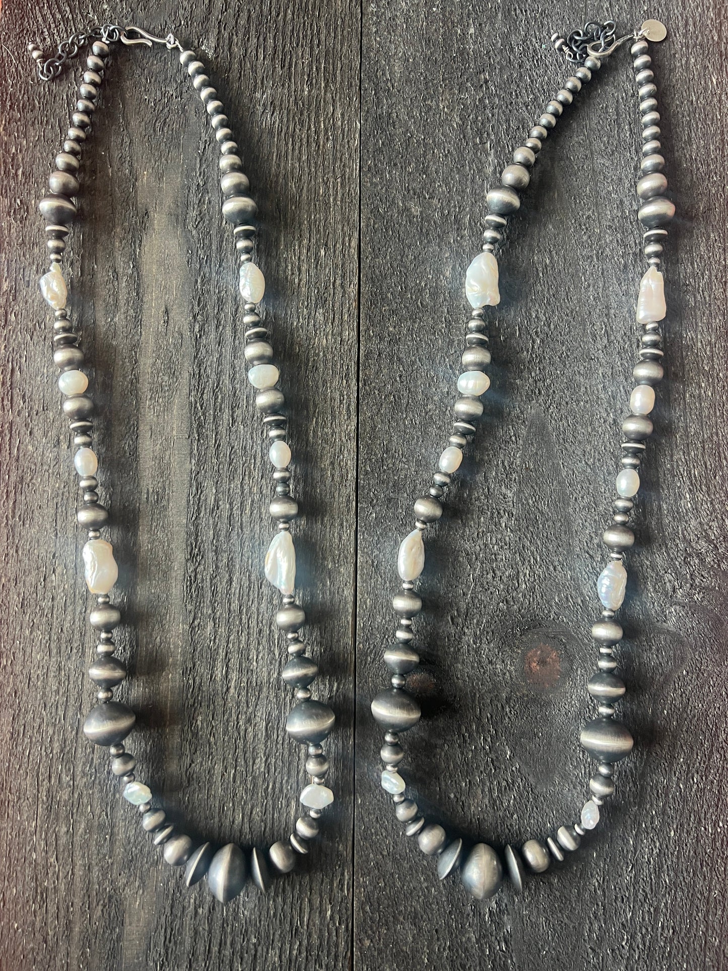 Navajo Sterling Silver and Freshwater Pearl Handmade Beaded Necklace by Rose Martin, 26 Inches