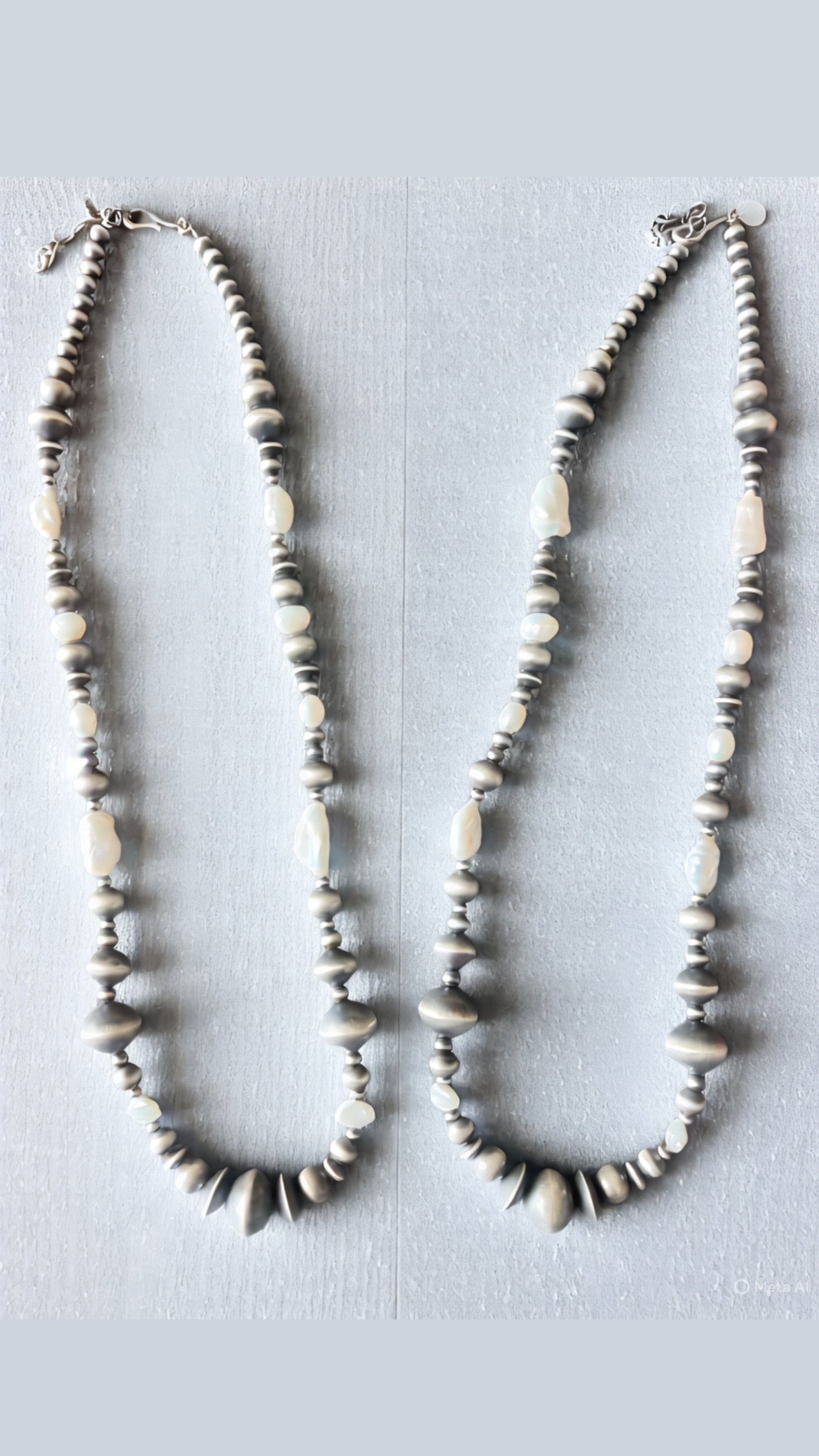 Navajo Sterling Silver and Freshwater Pearl Handmade Beaded Necklace by Rose Martin, 26 Inches