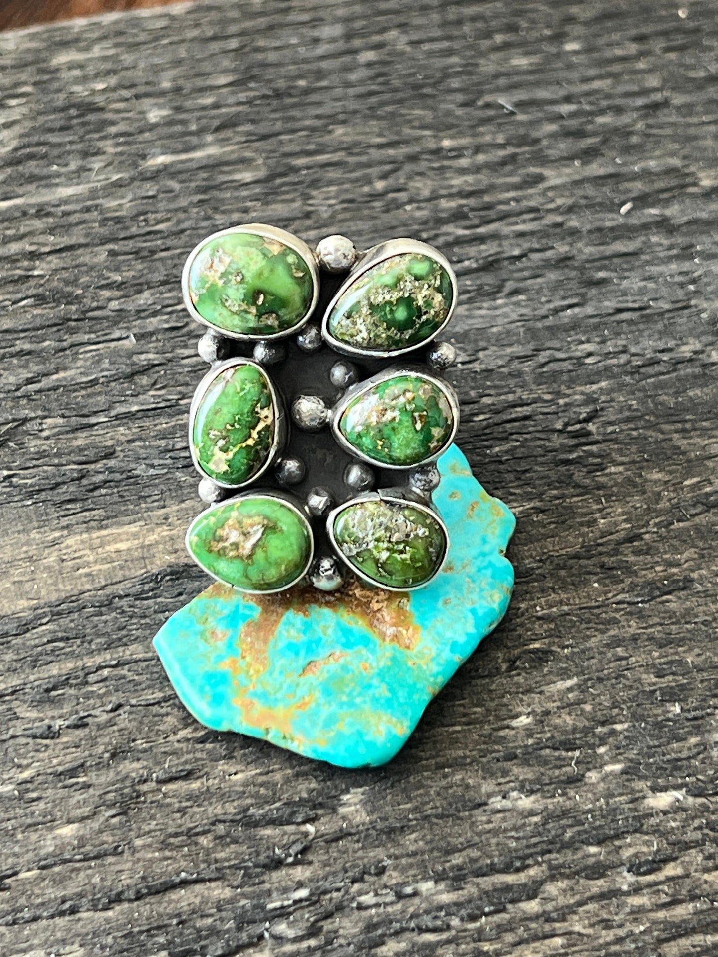 Navajo Sterling Silver and Sonoran Gold Turquoise Cluster Rings by Travis Jim, Size 8