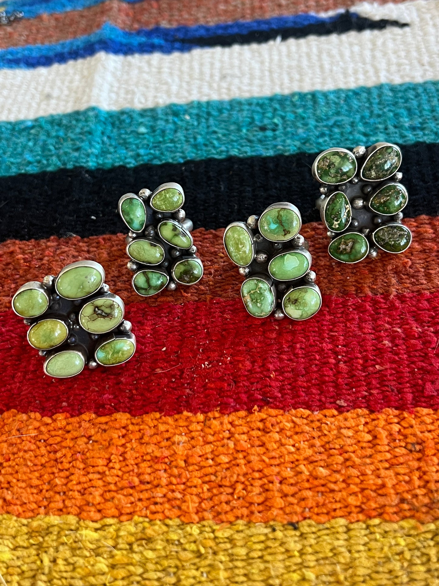Navajo Sterling Silver and Sonoran Gold Turquoise Cluster Rings by Travis Jim, Size 8