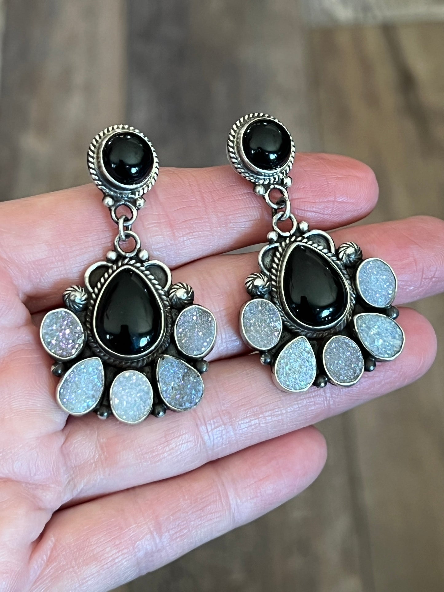 Navajo Sterling Silver, Black Onyx and Angel Aura Druzy Quartz Cluster Earrings by Tyler Brown