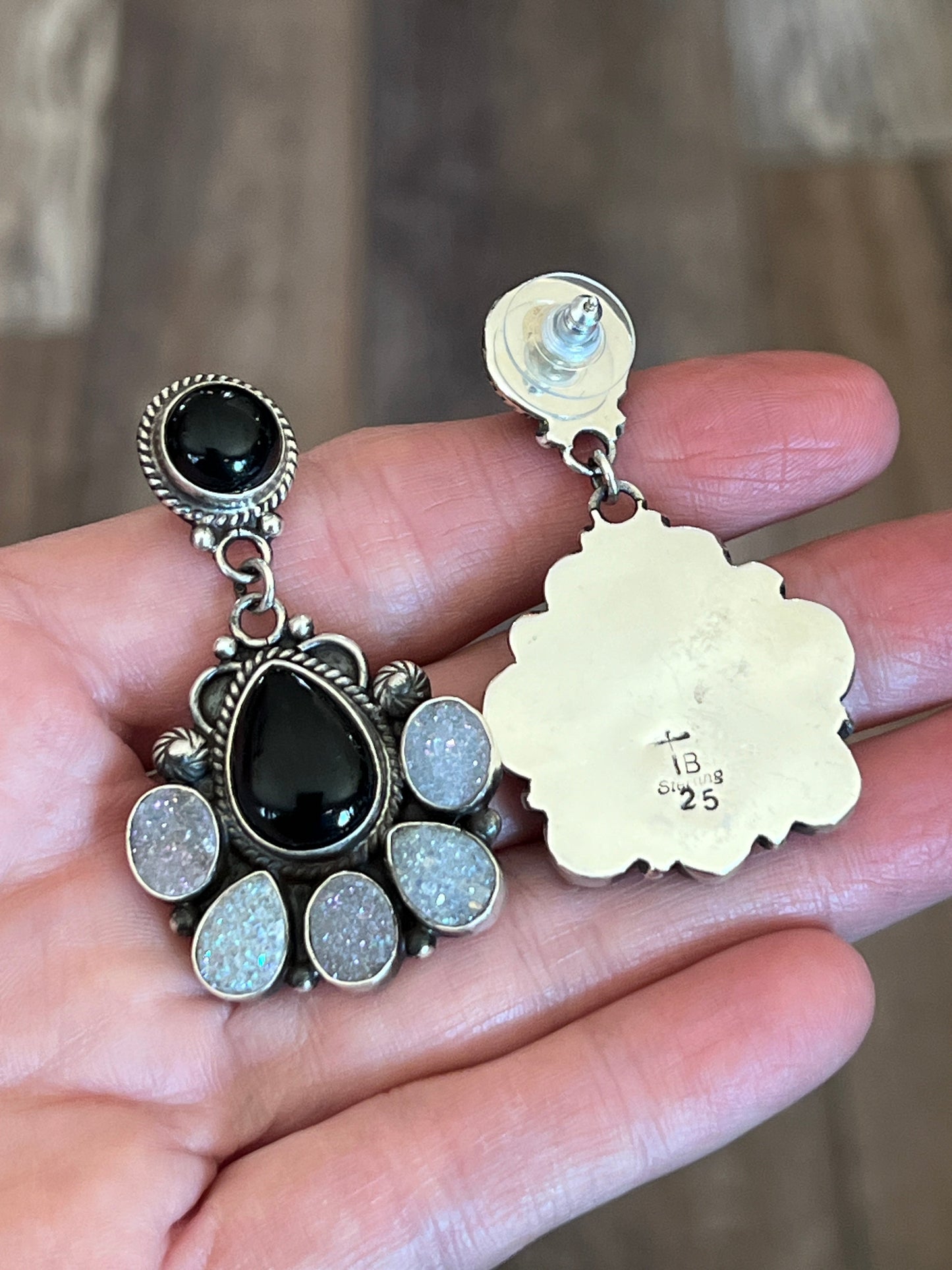 Navajo Sterling Silver, Black Onyx and Angel Aura Druzy Quartz Cluster Earrings by Tyler Brown
