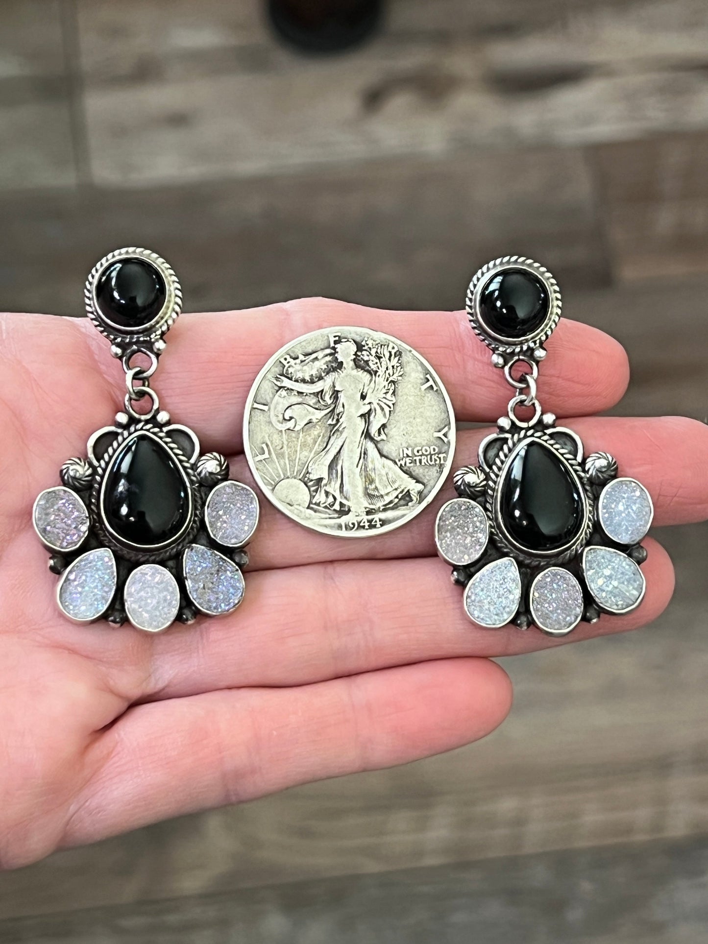 Navajo Sterling Silver, Black Onyx and Angel Aura Druzy Quartz Cluster Earrings by Tyler Brown
