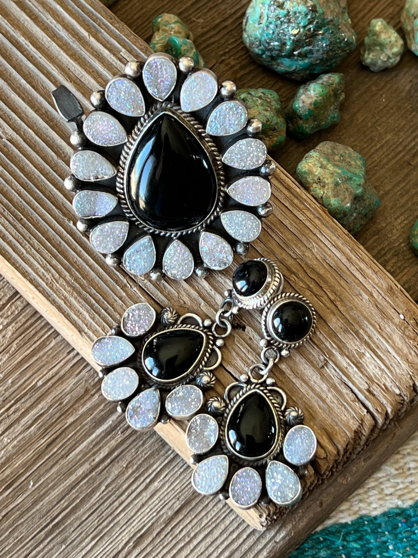 Navajo Sterling Silver, Black Onyx and Angel Aura Druzy Quartz Cluster Earrings by Tyler Brown