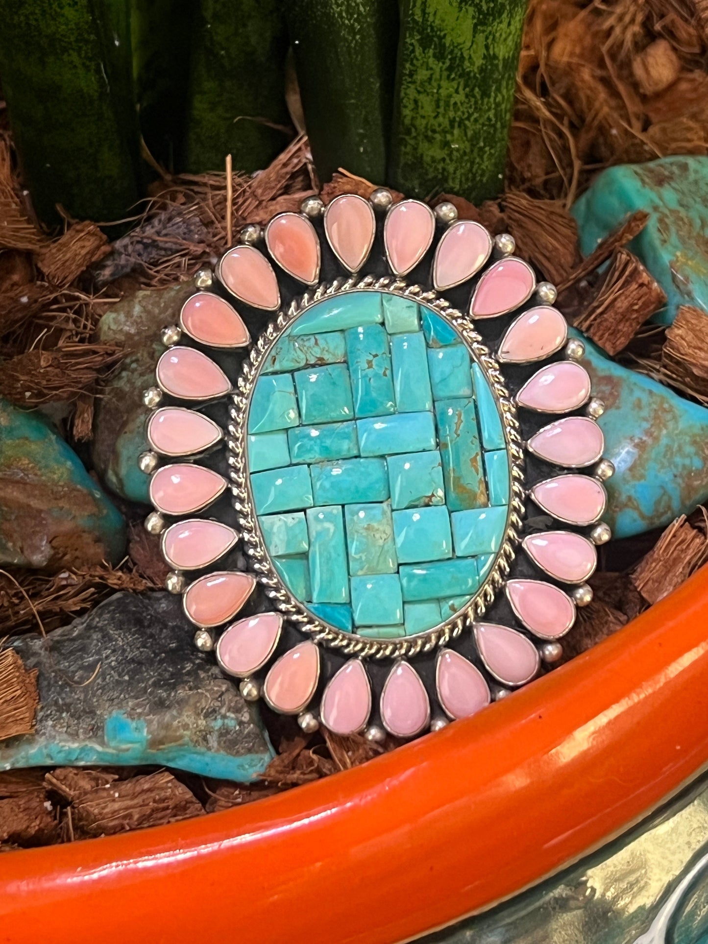 Navajo Cobblestone Kingman Turquoise and Pink Conch Cluster Ring by Aaron Tallis, Adjustable