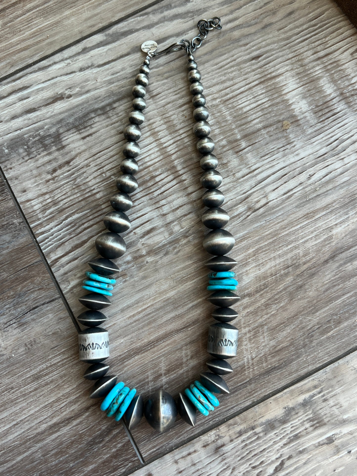 Navajo Sterling Silver and Kingman Turquoise Handmade Beaded Necklace by Rose Martin, 18 Inches