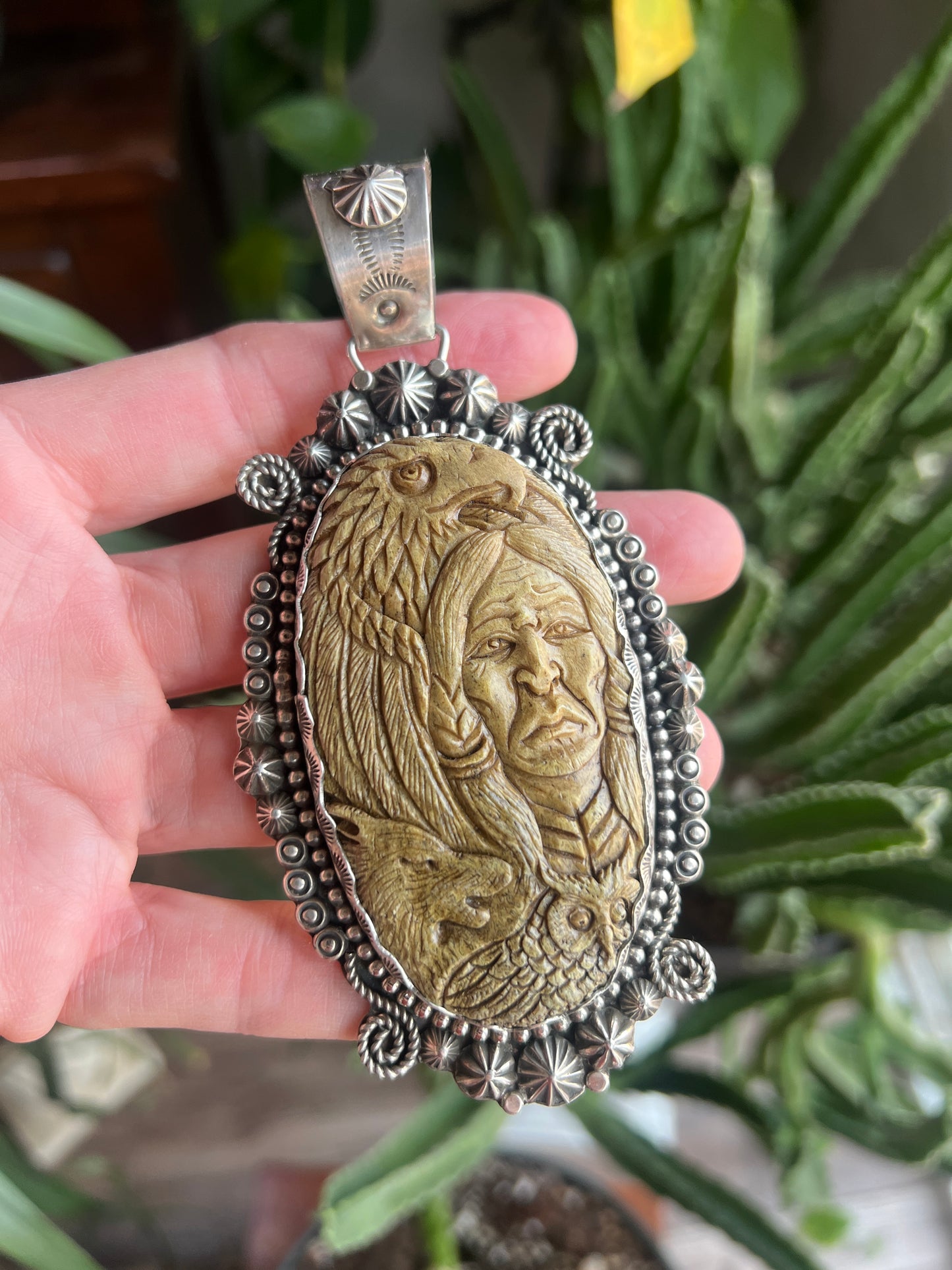 Sterling Silver and Carved Antler Pendant by Apache Artist, Rosella Paxson