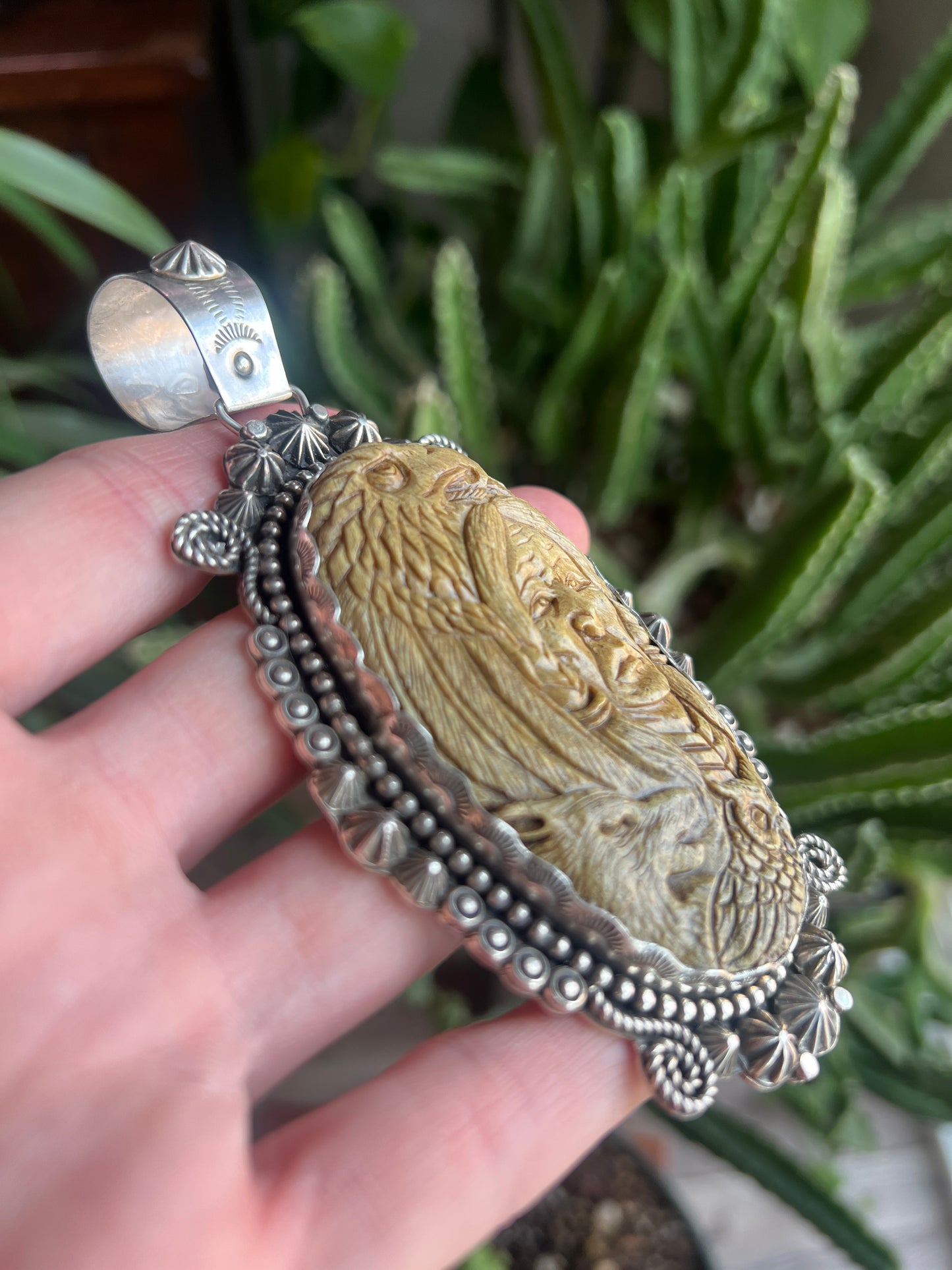 Sterling Silver and Carved Antler Pendant by Apache Artist, Rosella Paxson