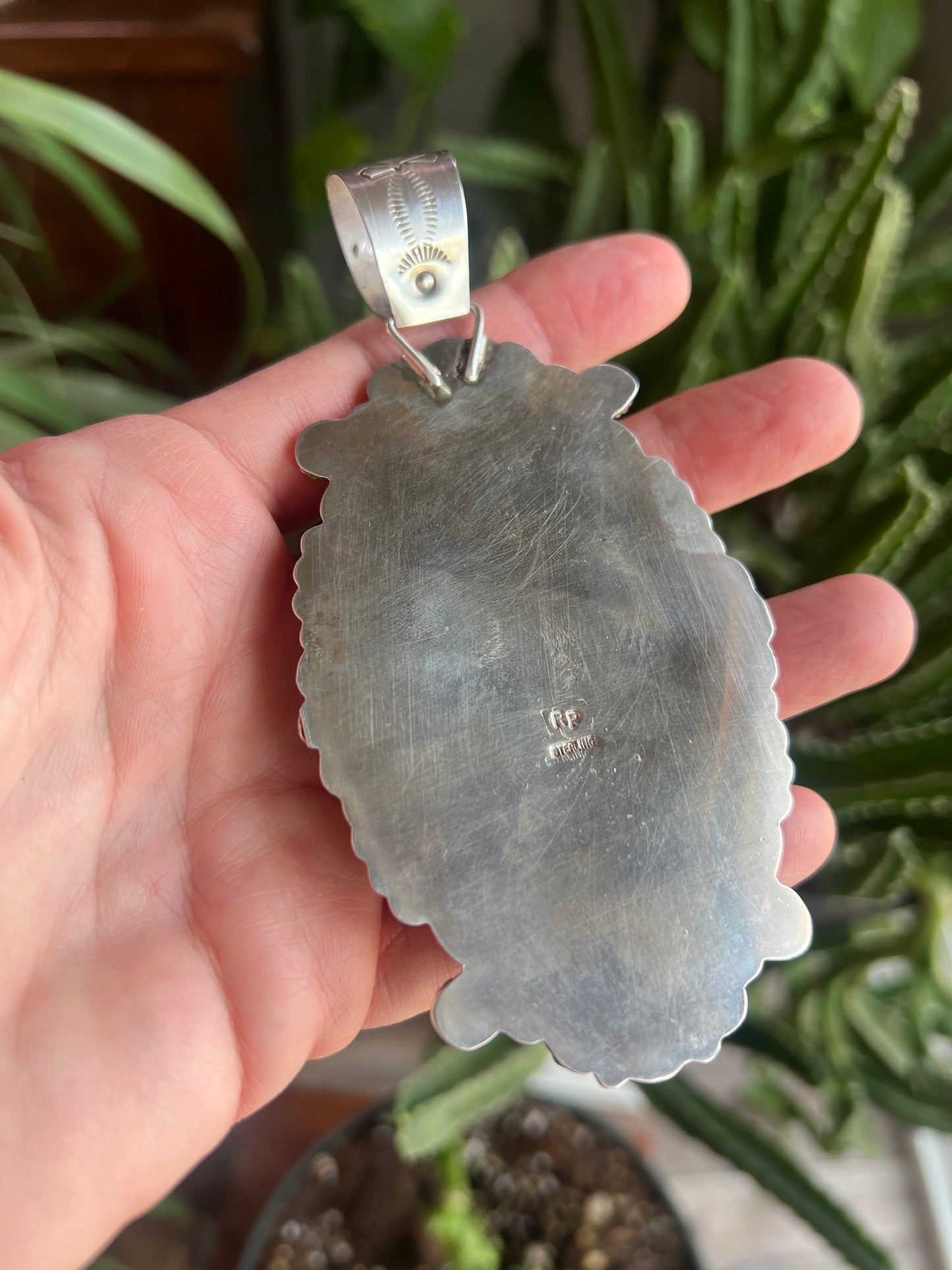 Sterling Silver and Carved Antler Pendant by Apache Artist, Rosella Paxson