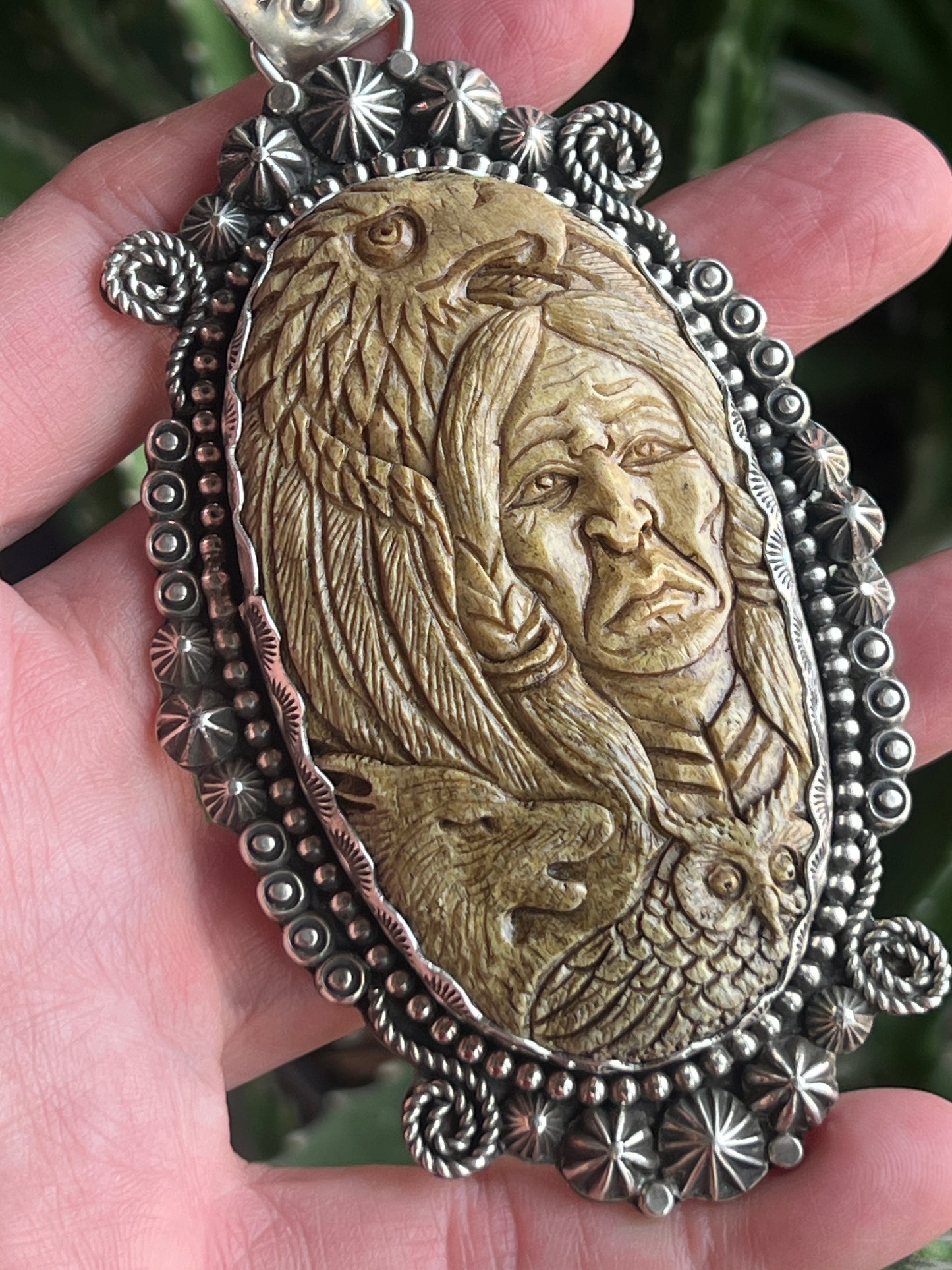Sterling Silver and Carved Antler Pendant by Apache Artist, Rosella Paxson