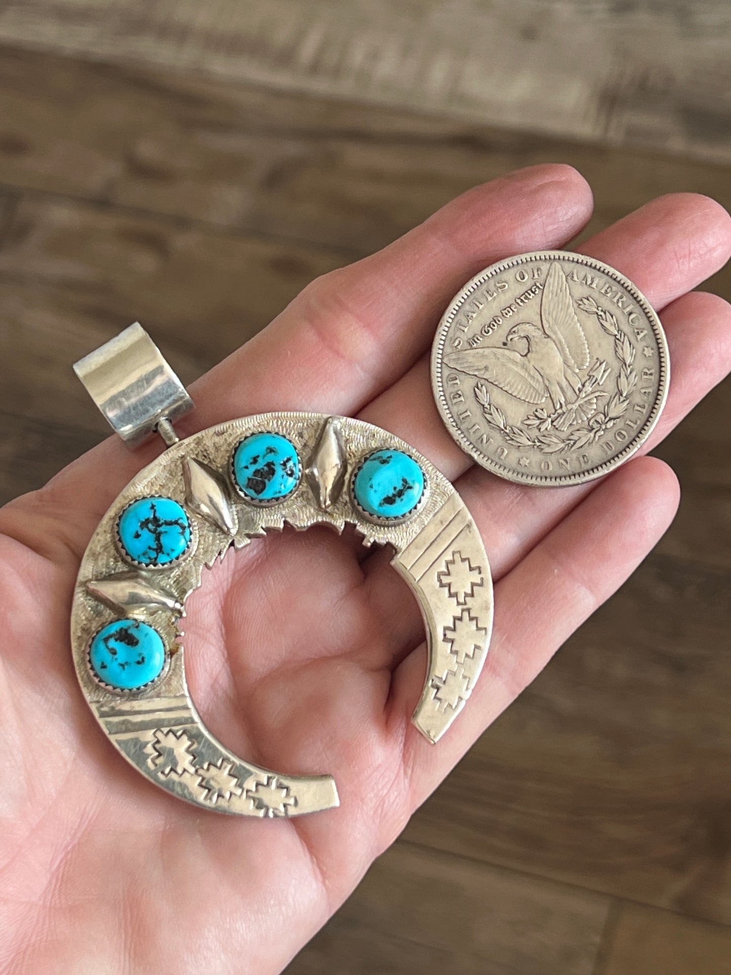 Reversible Sterling Silver, Turquoise and Coral Naja Pendant by Leonard Nez