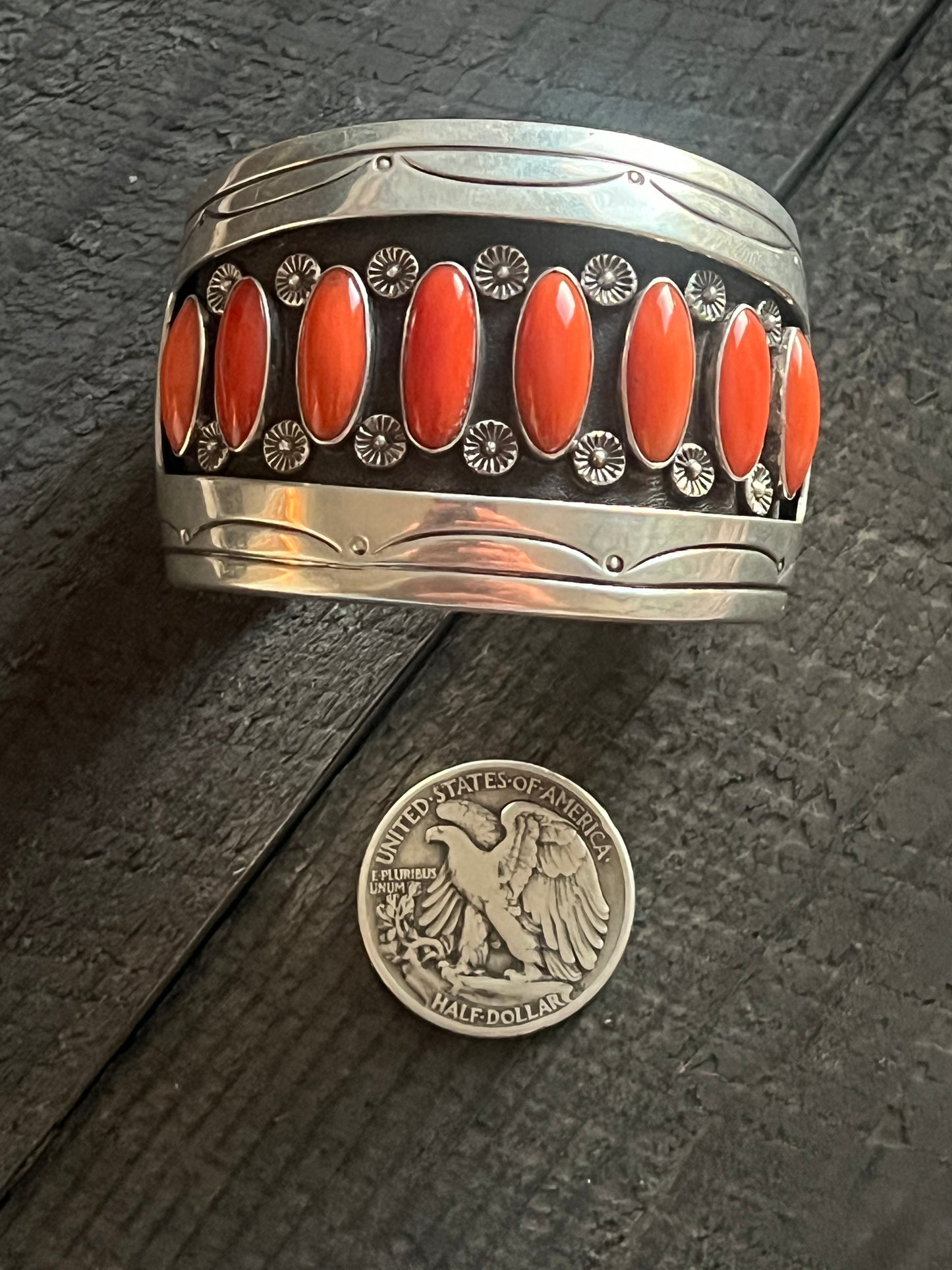 Old Pawn Sterling Silver & Mediterranean Coral Shadowbox Cuff Bracelet, Signed T.B
