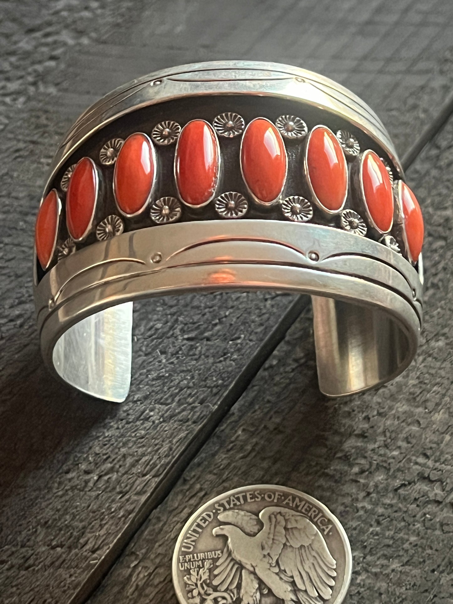Old Pawn Sterling Silver & Mediterranean Coral Shadowbox Cuff Bracelet, Signed T.B