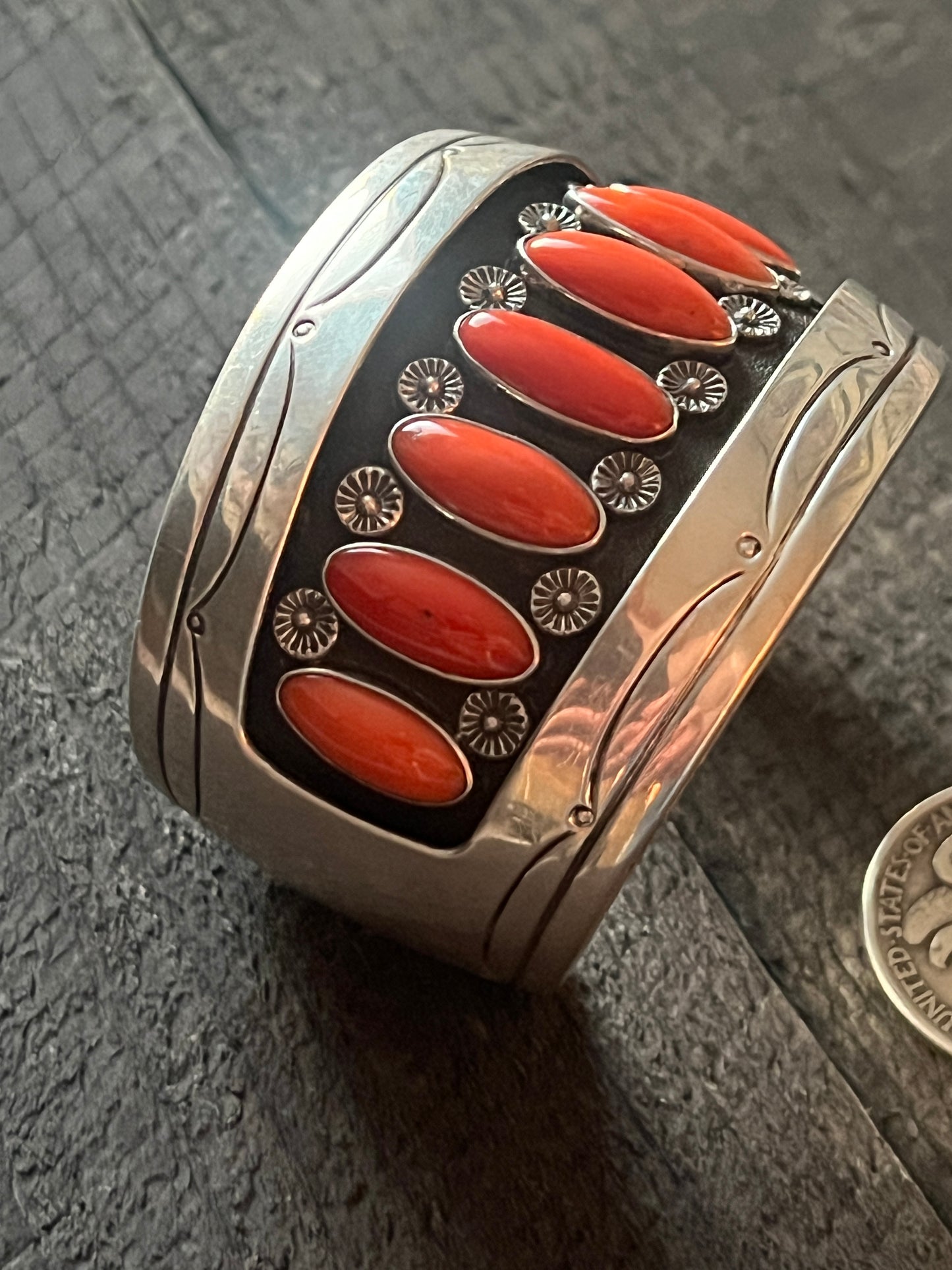 Old Pawn Sterling Silver & Mediterranean Coral Shadowbox Cuff Bracelet, Signed T.B