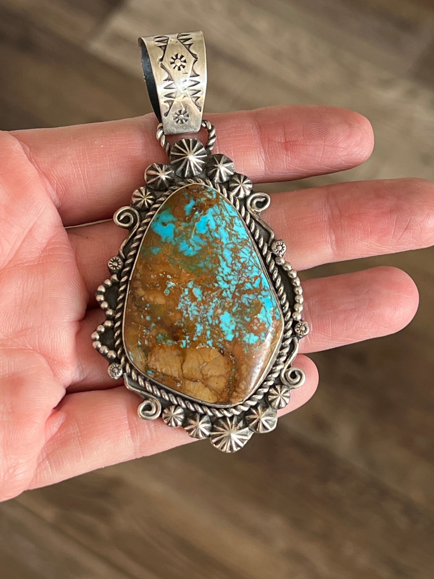 Sterling Silver and Pilot Mountain Turquoise Pendant by Apache Artist, Rosella Paxson