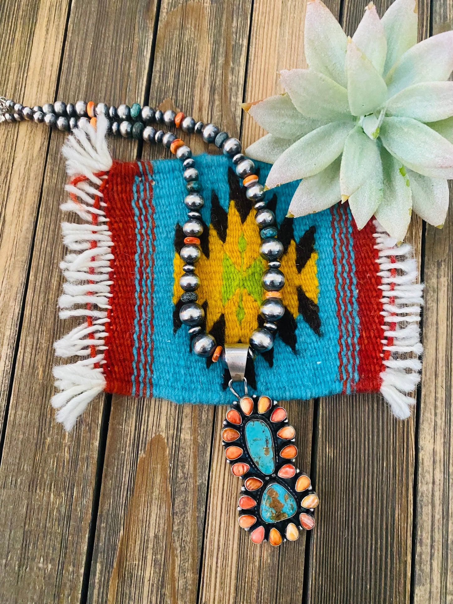 Navajo Sterling Silver, Turquoise & Spiny Oyster Beaded Necklace by Sheila Becenti