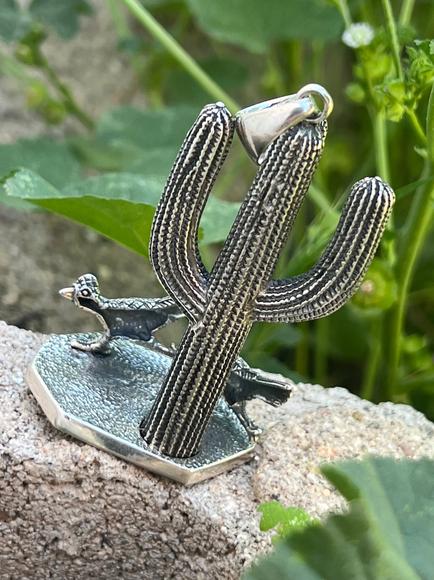 Balinese Sterling Saguaro and Roadrunner Pendant