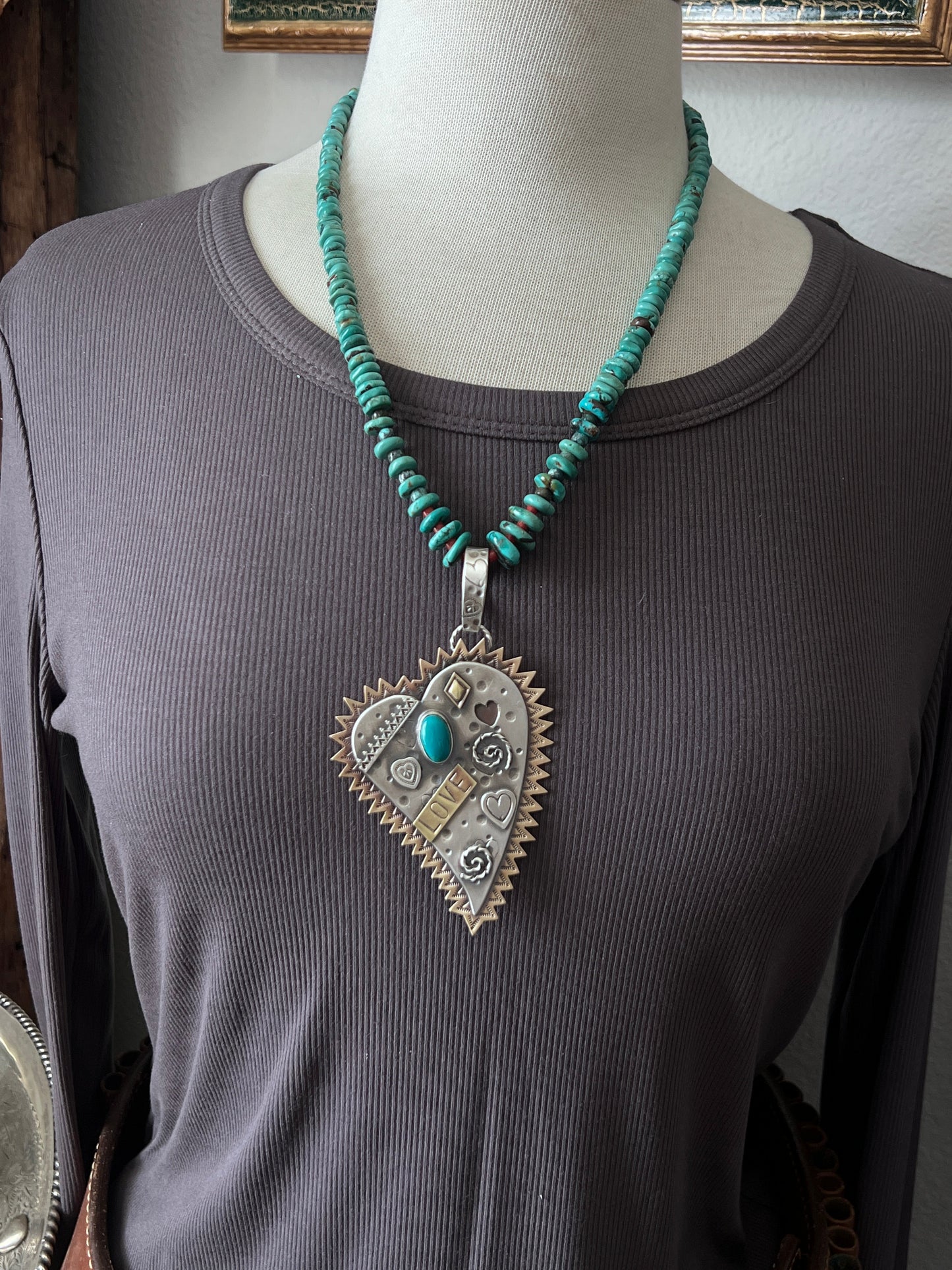 Kimari Somers Hand Stamped Sterling Silver, Brass & Turquoise Queen of Hearts Pendant