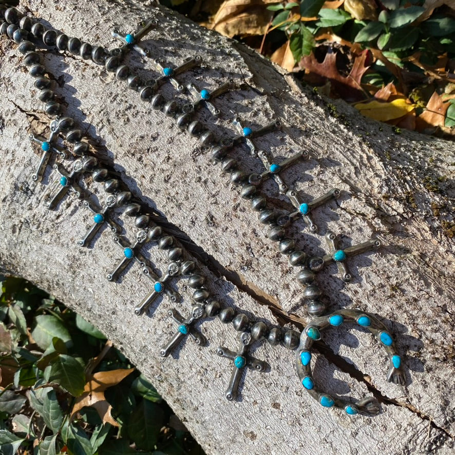 Vintage Sterling Silver and Turquoise Cross Squash Blossom Style Necklace Unsigned