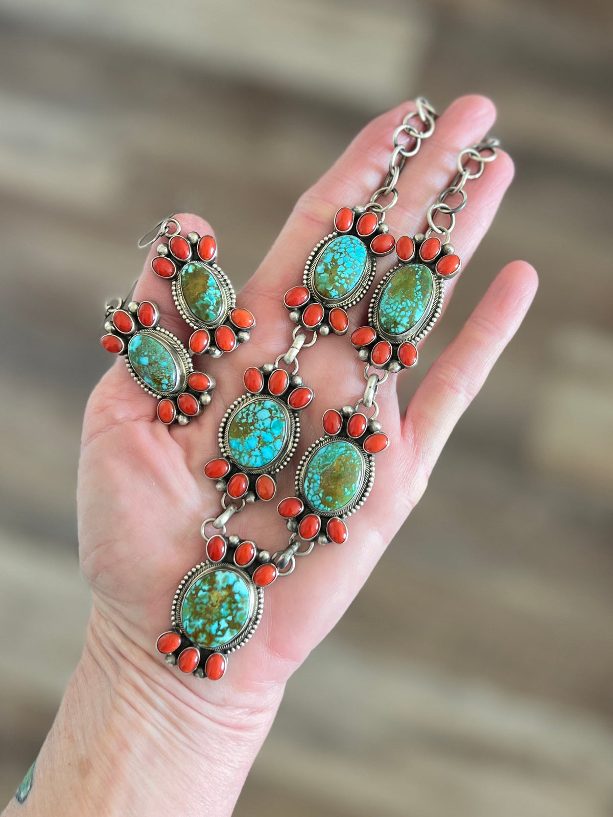Taos Collection: Handcrafted Sterling Silver, Kingman Turquoise and Mediterranean Coral Necklace & Earrings Set by Kathleen Chavez