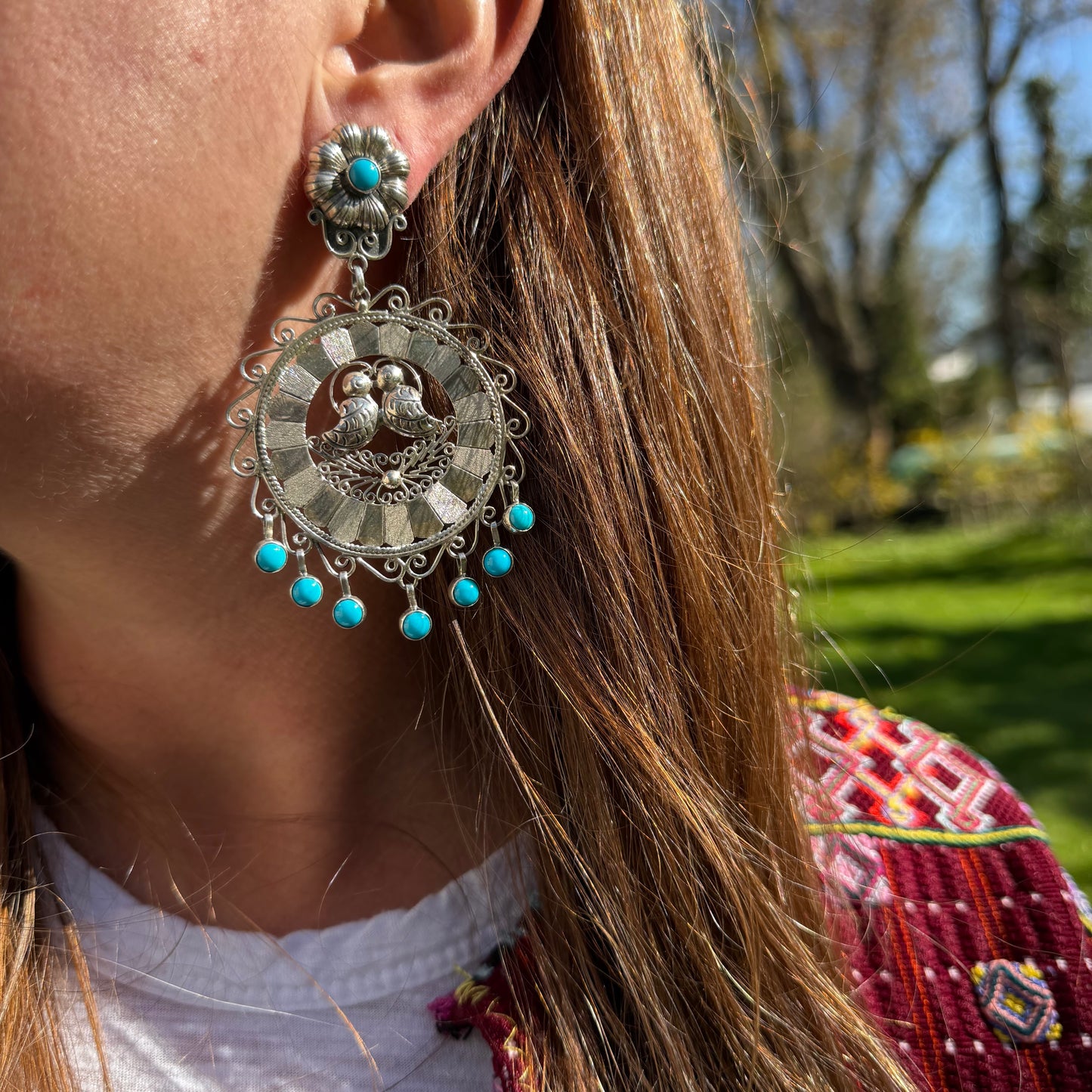 Sterling Silver Disc and Turquoise Filigree Lovebird Earrings by Federico Jimenez