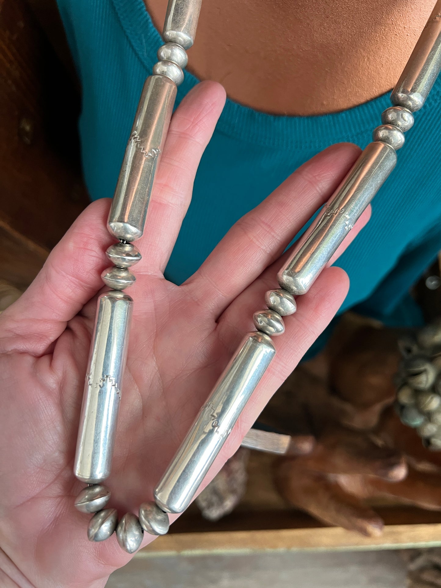 Vintage Native Handcrafted Sterling Silver Bead Necklace by Joe Tortolita