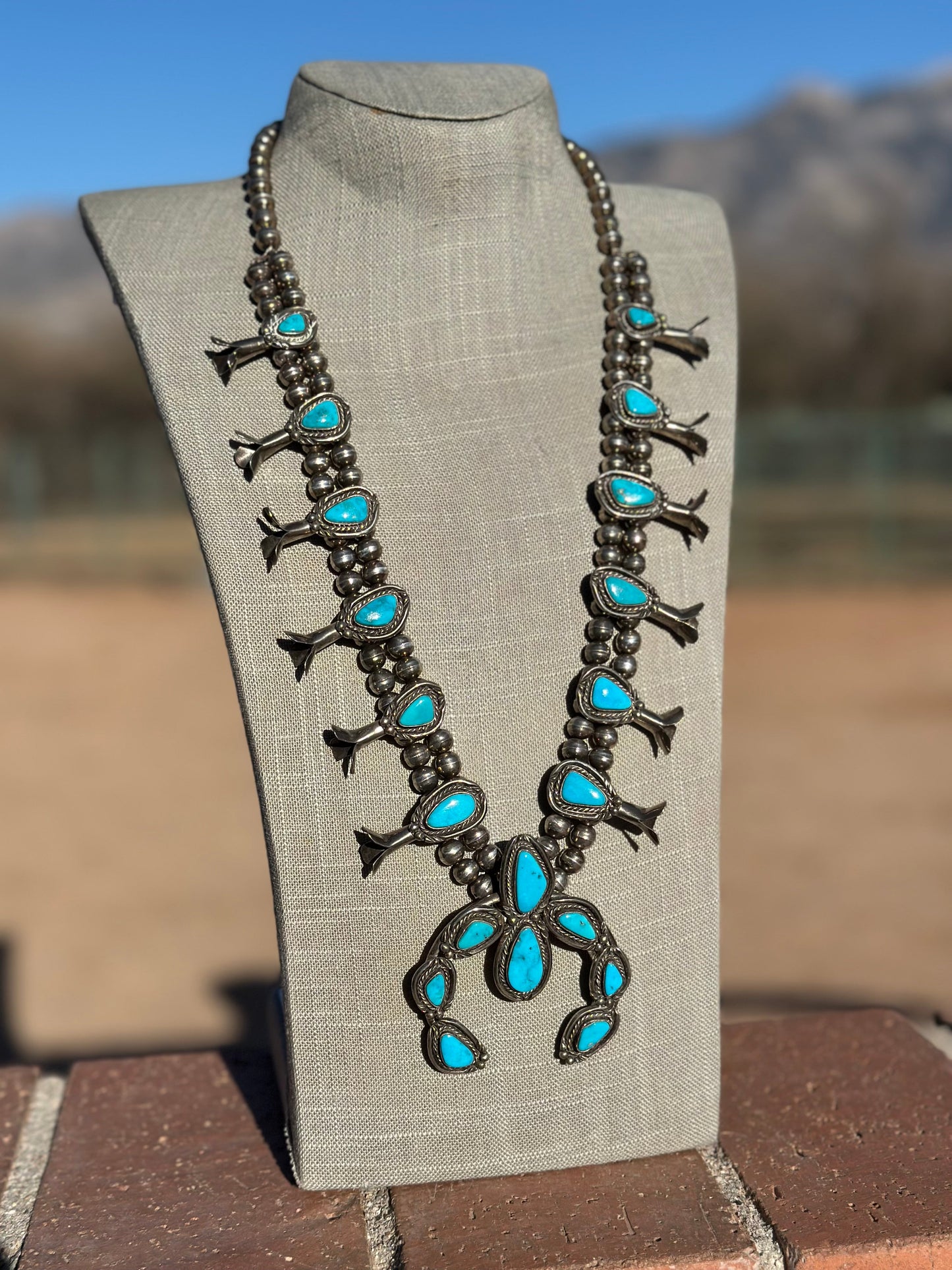 Estate Collection Old Pawn Navajo Turquoise & Sterling Silver Squash Blossom Necklace