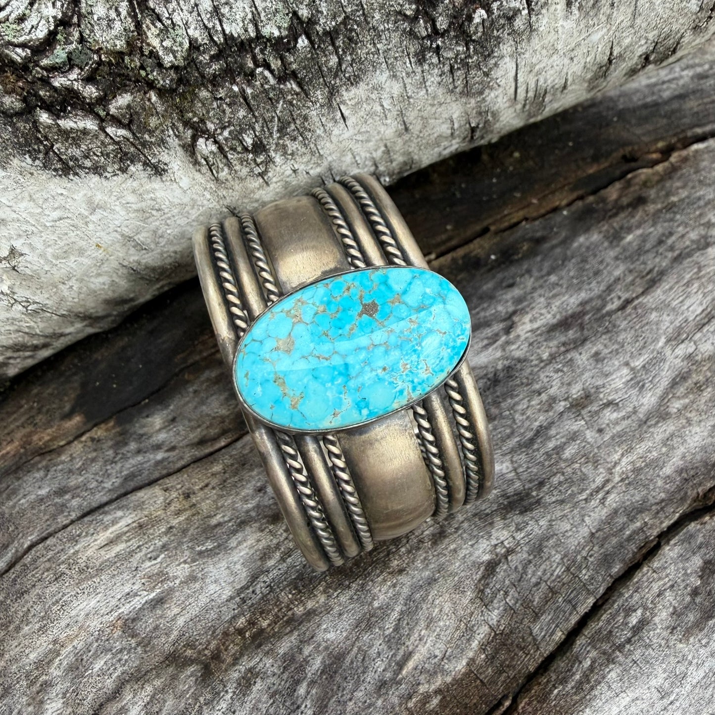 Navajo Made Sterling Silver and Turquoise Oval Cuff Bracelet Signed Tahe