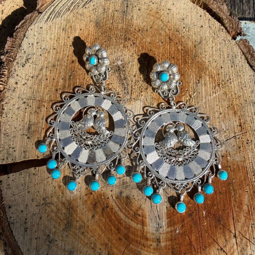 Sterling Silver Disc and Turquoise Filigree Lovebird Earrings by Federico Jimenez