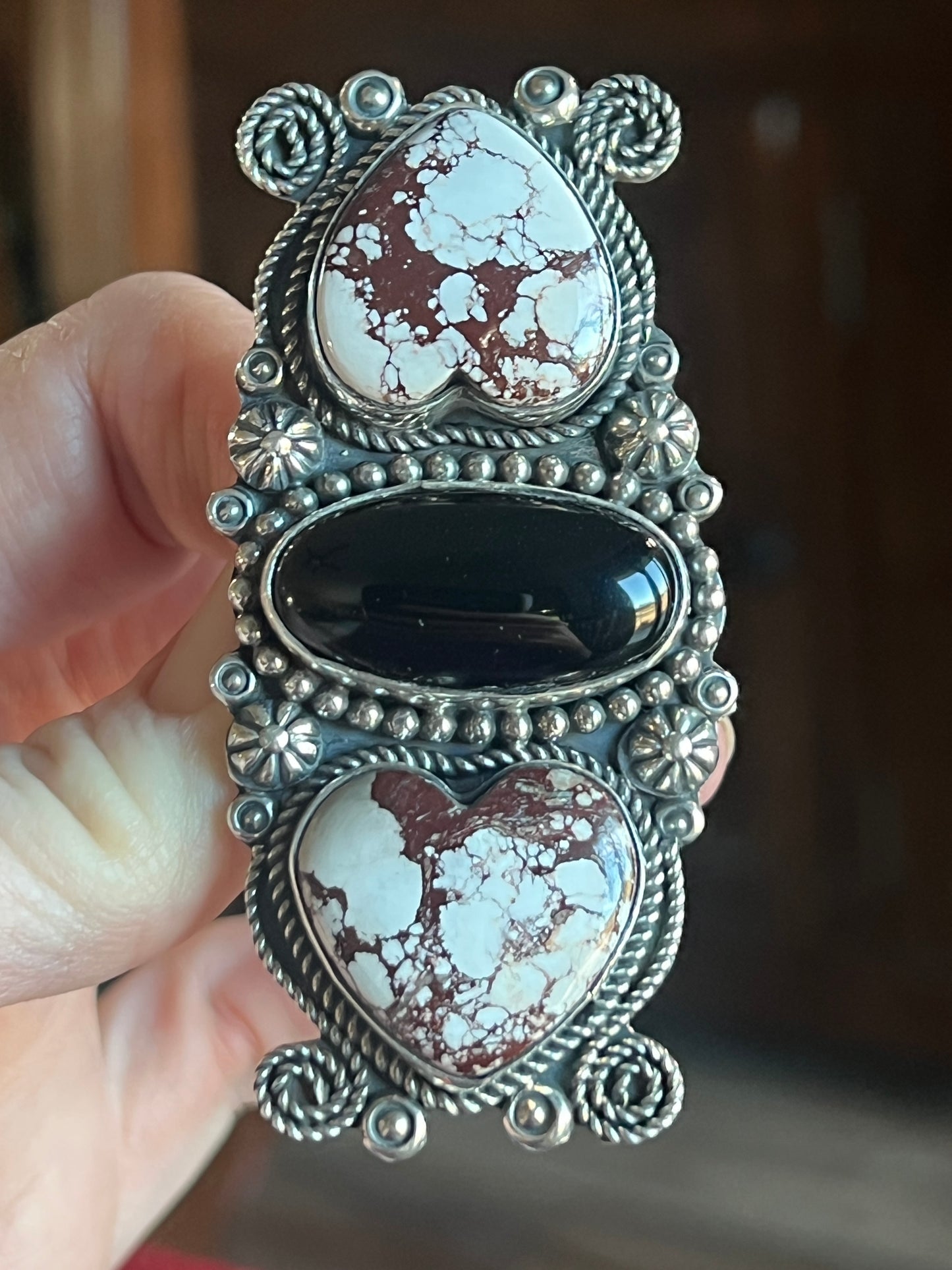 Rosella Paxson Triple Stone Sterling Ring with Wild Horse Magnesite Hearts and Oval Onyx, Sz 9-1/4