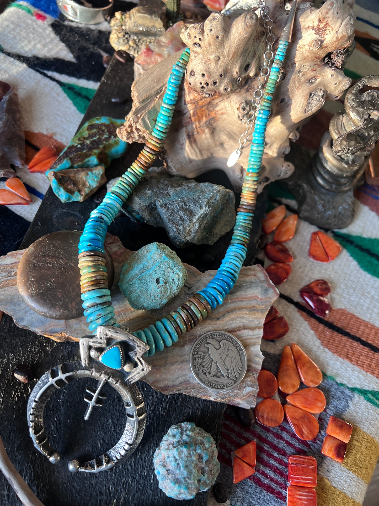 Delbert Arviso Tufa Cast Sterling Silver and Turquoise Naja w/ Beaded Necklace