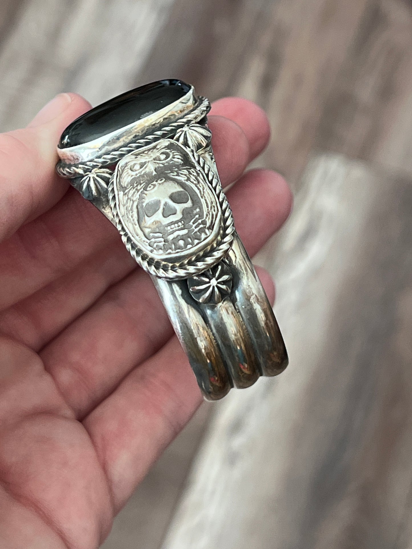 Rosella Paxson Onyx, Sterling Silver & Fine Silver Owl/Skull Cuff Bracelet
