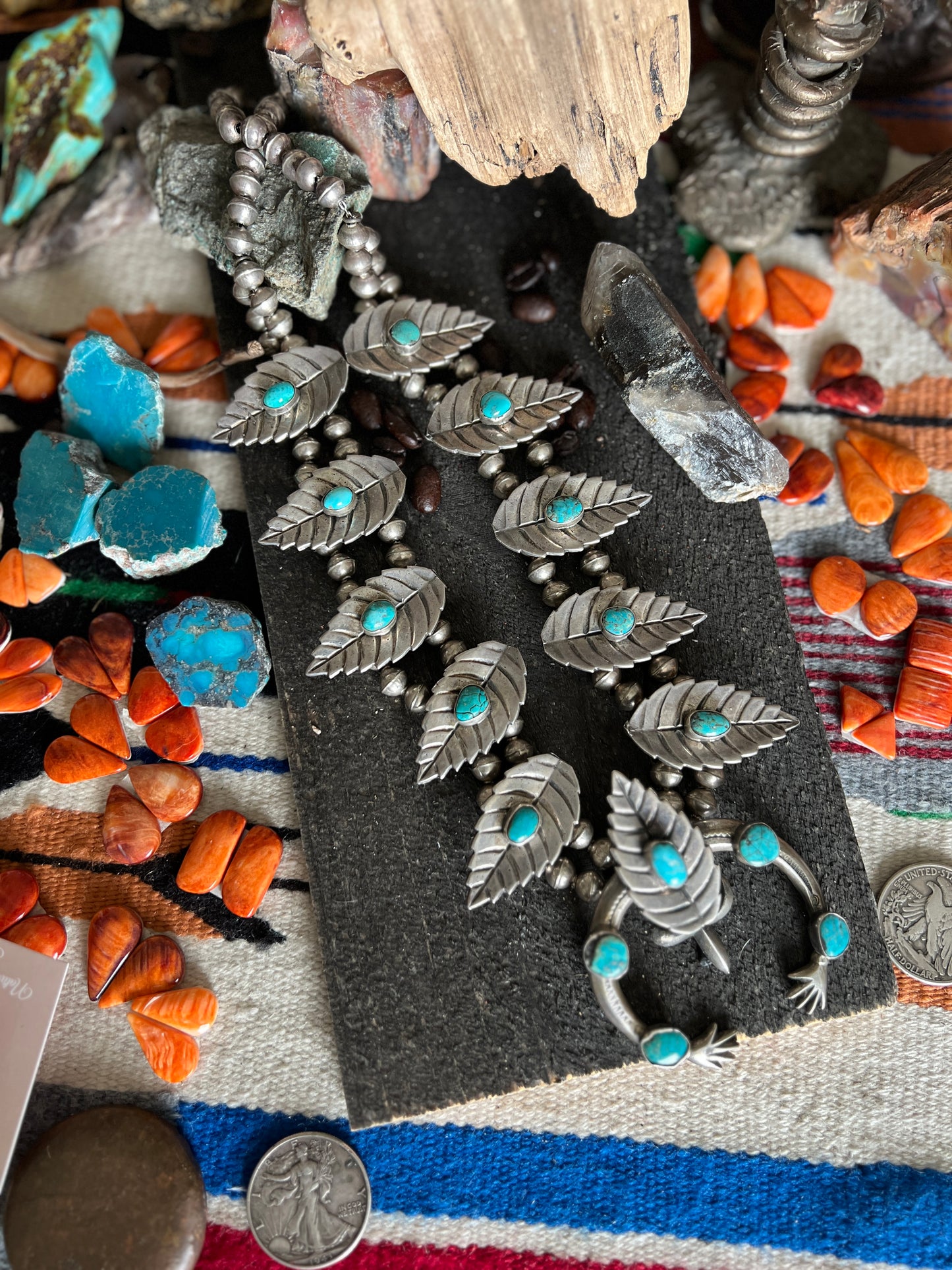 Vintage Unsigned Sterling Silver and Turquoise Squash Blossom with Leaf Motif