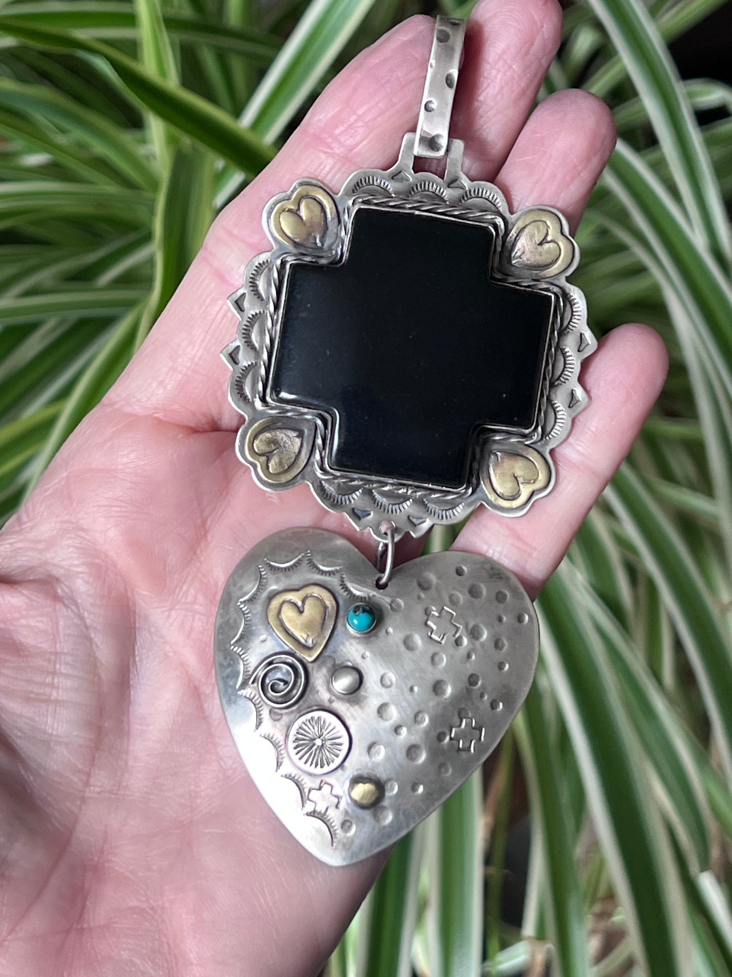 Hand Stamped Sterling Silver & Black Marble Santa Fe Cross and Heart Pendant by Kimari Somers