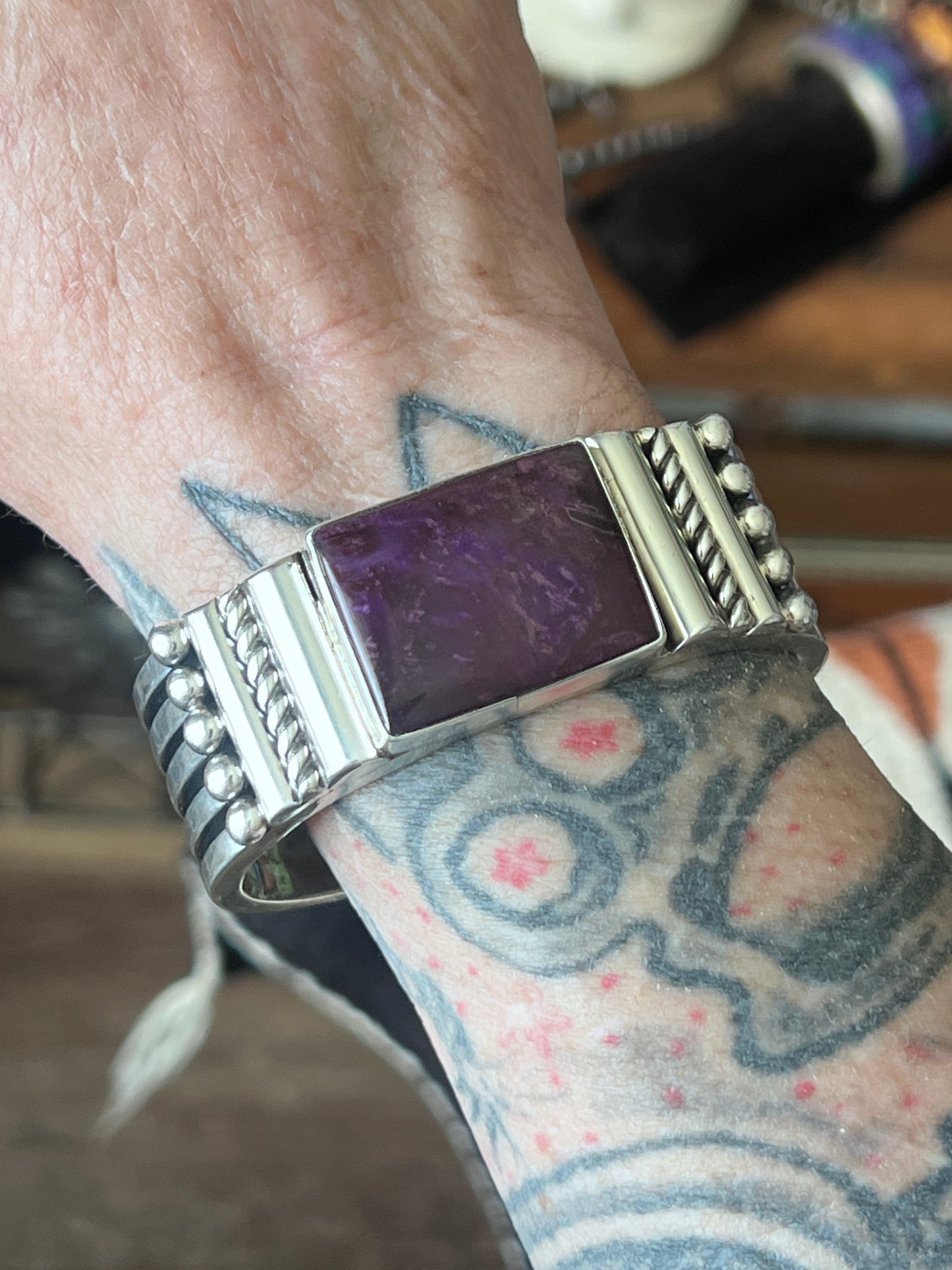 Hefty Sterling Silver and Sugilite Cuff Bracelet by Navajo Artist, Alfred Lee Sr.