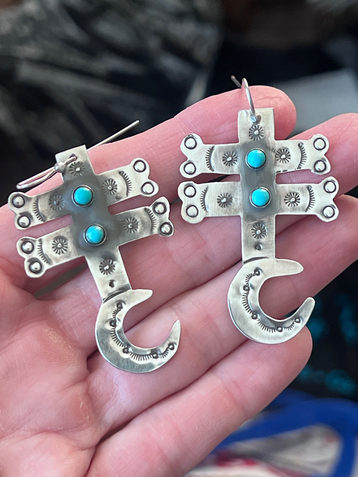 Hand Stamped Sterling Silver Dragonfly Cross Crescent Moon Dangle Earrings with Kingman Turquoise by Kimari Somers, Shaped Bars