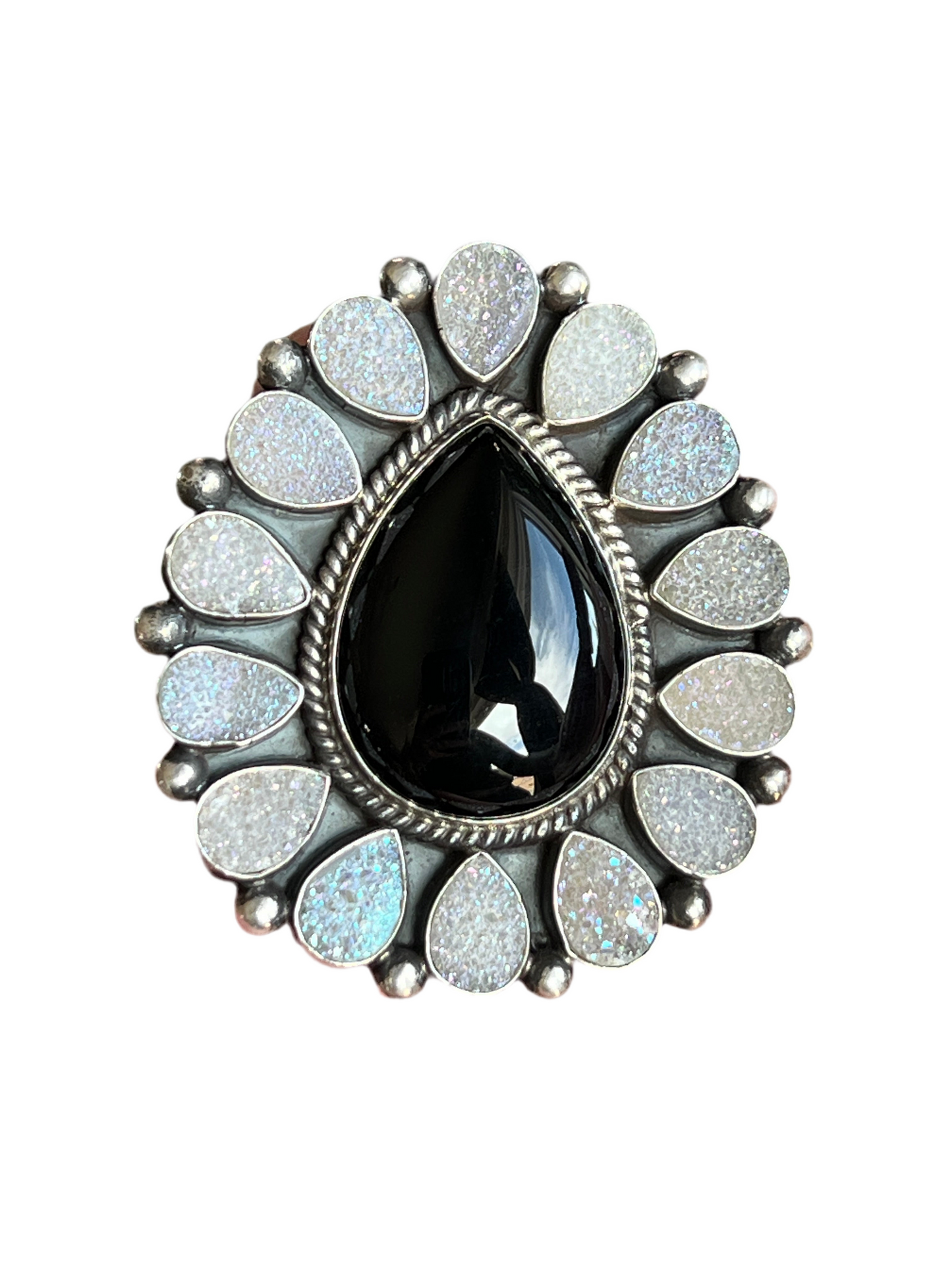 Navajo Sterling Silver, Black Onyx and Angel Aura Druzy Quartz Cluster Ring by Tyler Brown, Adjustable